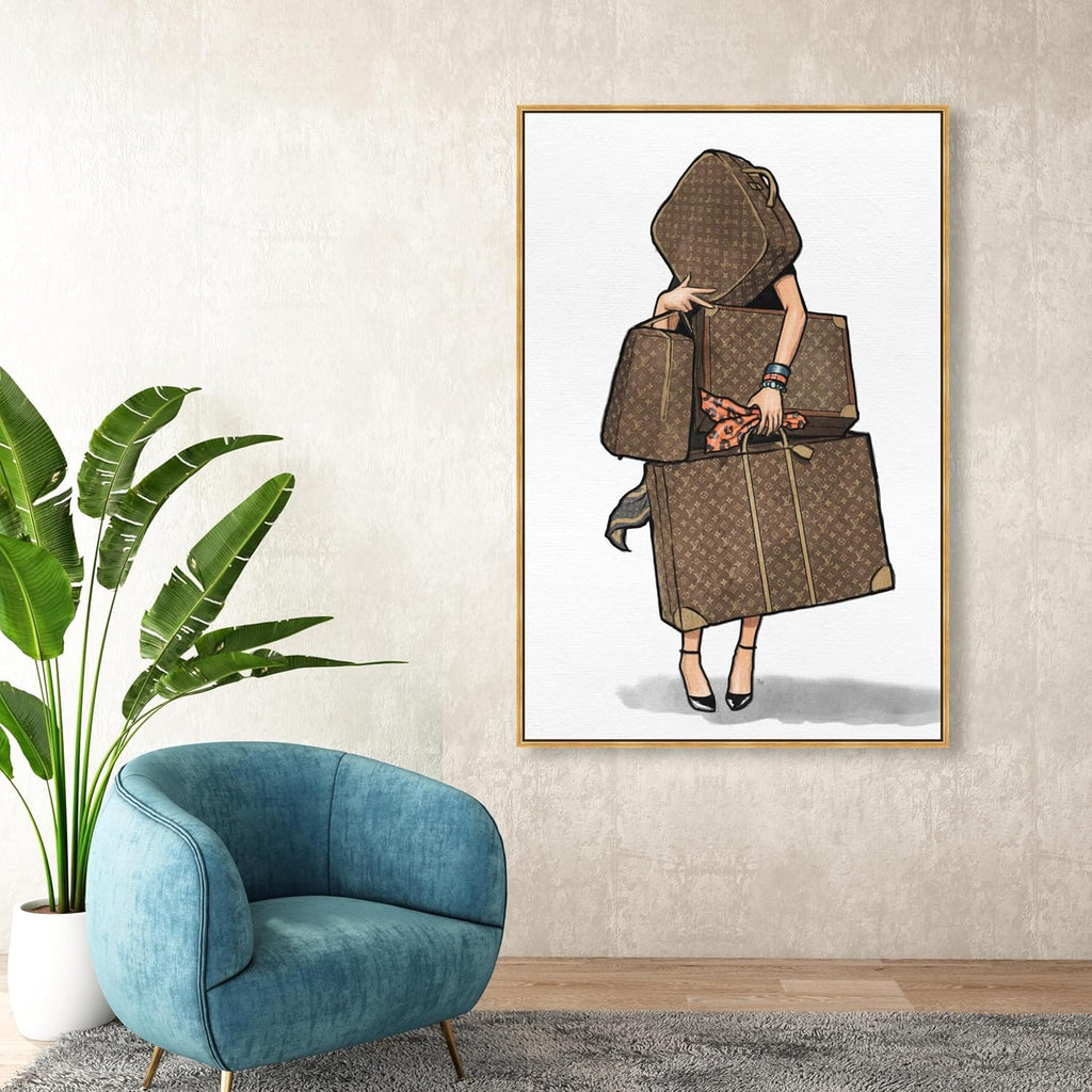 The Oliver Gal Artist Co. Fashion and Glam Framed Wall Art Canvas Prints, Bags-Orange' Travel Essentials Home Décor, 36 in x 54 in, Brown, White