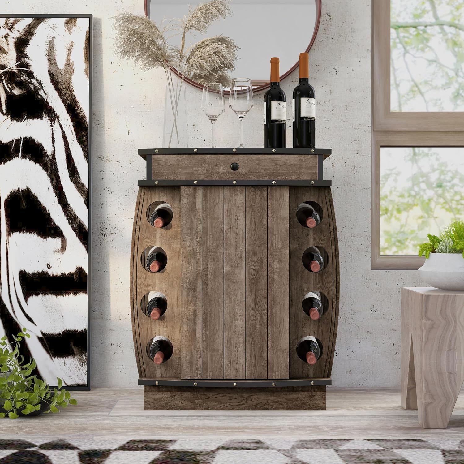 24/7 Shop at Home Delia Vintage 8 Bottle Small Wine Cabinet with Storage, Indoor Home Bar Furniture, Glass Holder, Drawer, Adjustable Shelf for Kitchen, Living Room, Apartment, Dining Room, Oak Brown