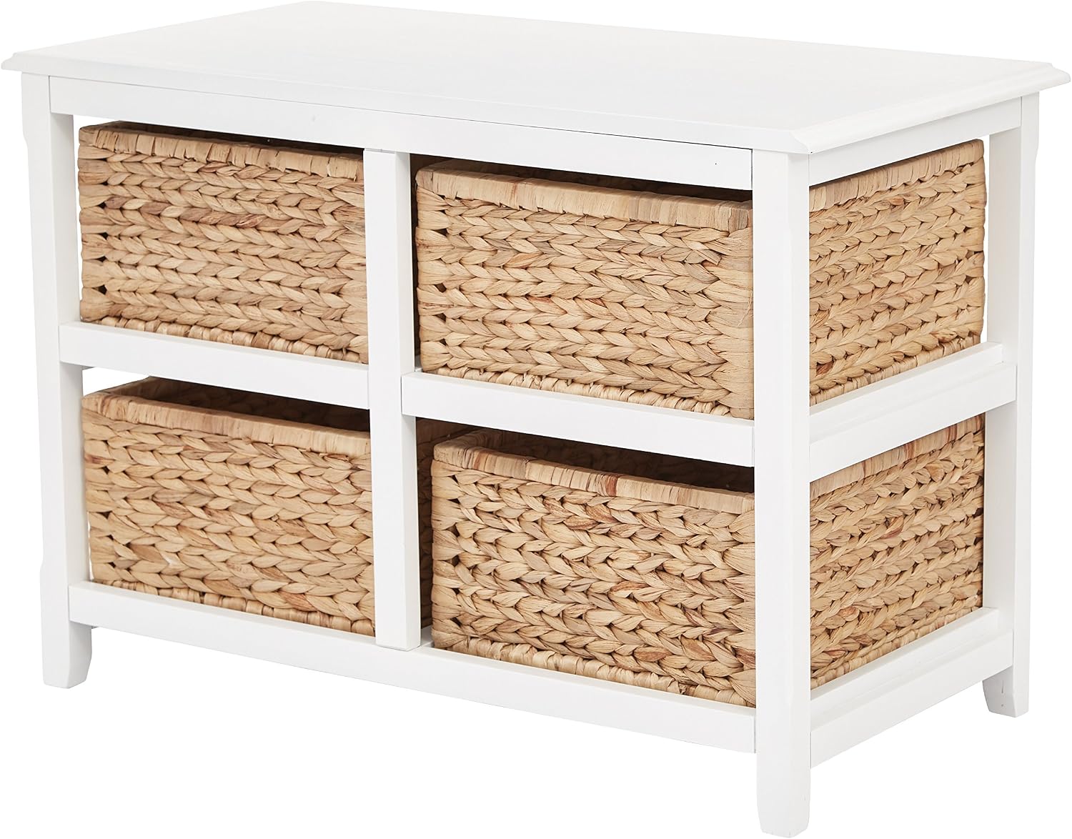 OSP Home Furnishings Seabrook Storage Tower with Solid Wood Frame and Natural Baskets, 2-Tier, 4-Drawer, White Finish