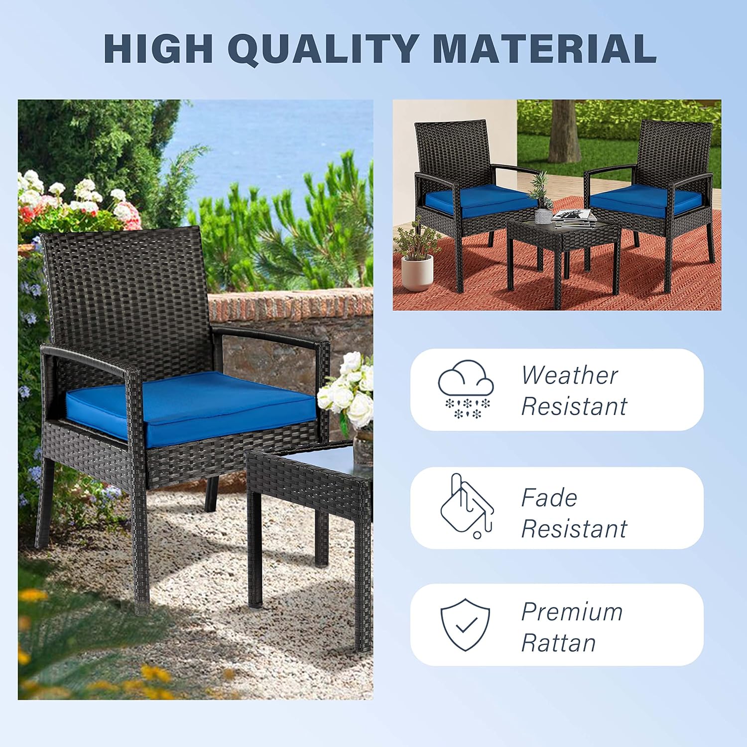 3 Piece Outdoor Patio Furniture Sets, Rattan Conversation Set with Soft Cushion, Wicker Chairs with Coffee Table for Yard Backyard Lawn Porch Poolside Balcony, Blue