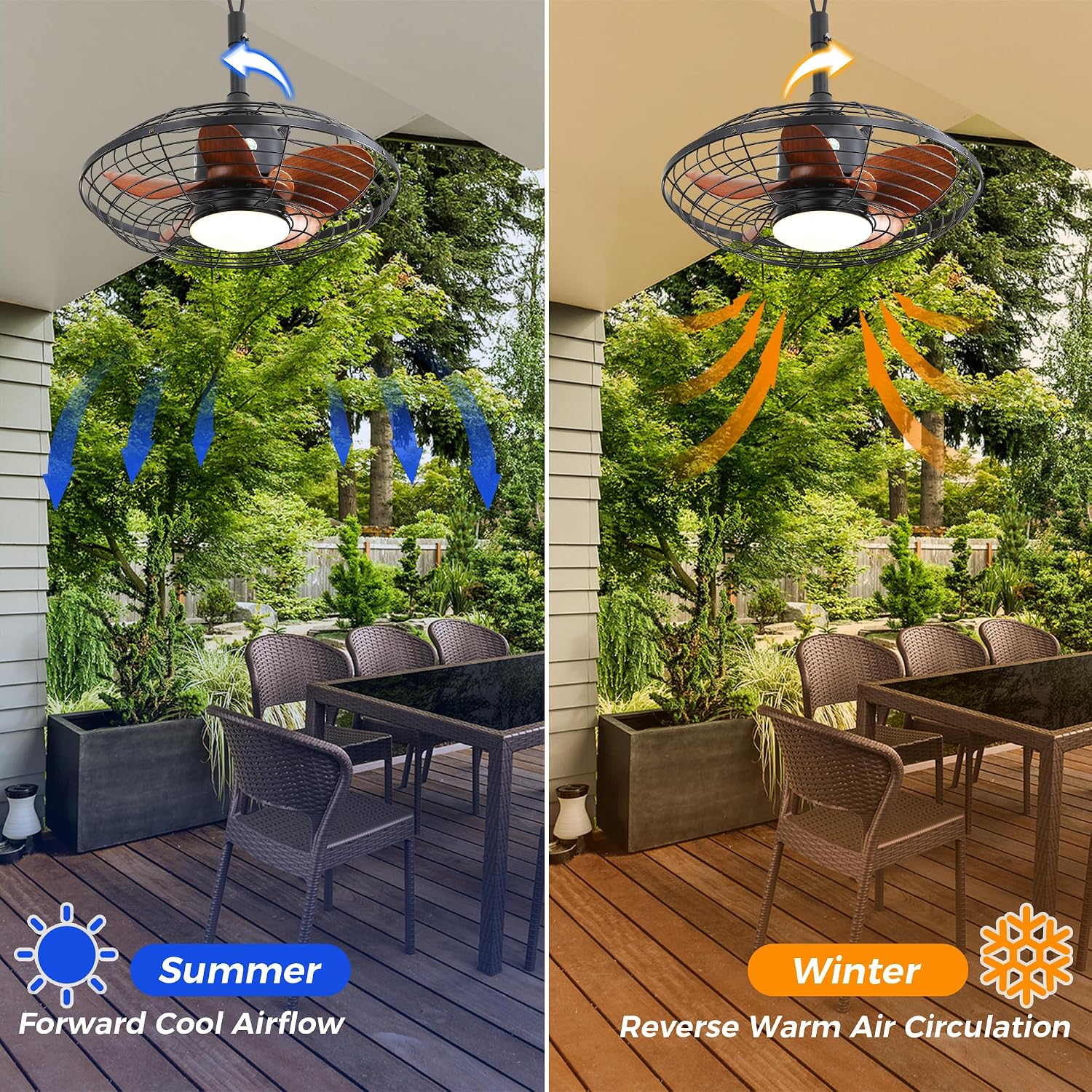 Havemies 20 Inch Outdoor Downrod Mount Ceiling Fan with 18W 3CCT LED Light, 5 ABS Blades & DC Motor, Damp-Rated Reversible Hanging Fan with Hook for Patio, Pergola, Gazebo, and Covered Porch
