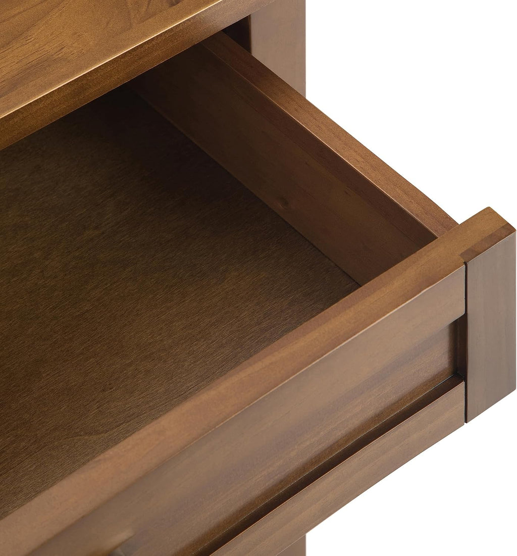 SIMPLIHOME Warm Shaker Bedside Table - 24 inch Wide Solid Wood Nightstand in Light Golden Brown, Transitional Bedroom Side or End Table with 2 Drawers, Open Shelf Storage and Brushed Nickel Hardware