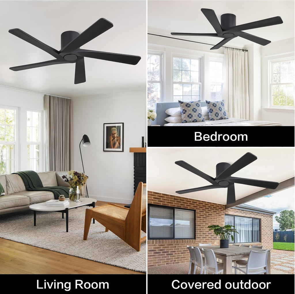WINGBO 48 Inch Flush Mount DC Ceiling Fans without Lights, 5 Carved Solid Wood Blades, 6-Speed Reversible DC Motor, Low Profile Hugger Ceiling Fan No Lights for Indoor and Outdoor, Matte Black