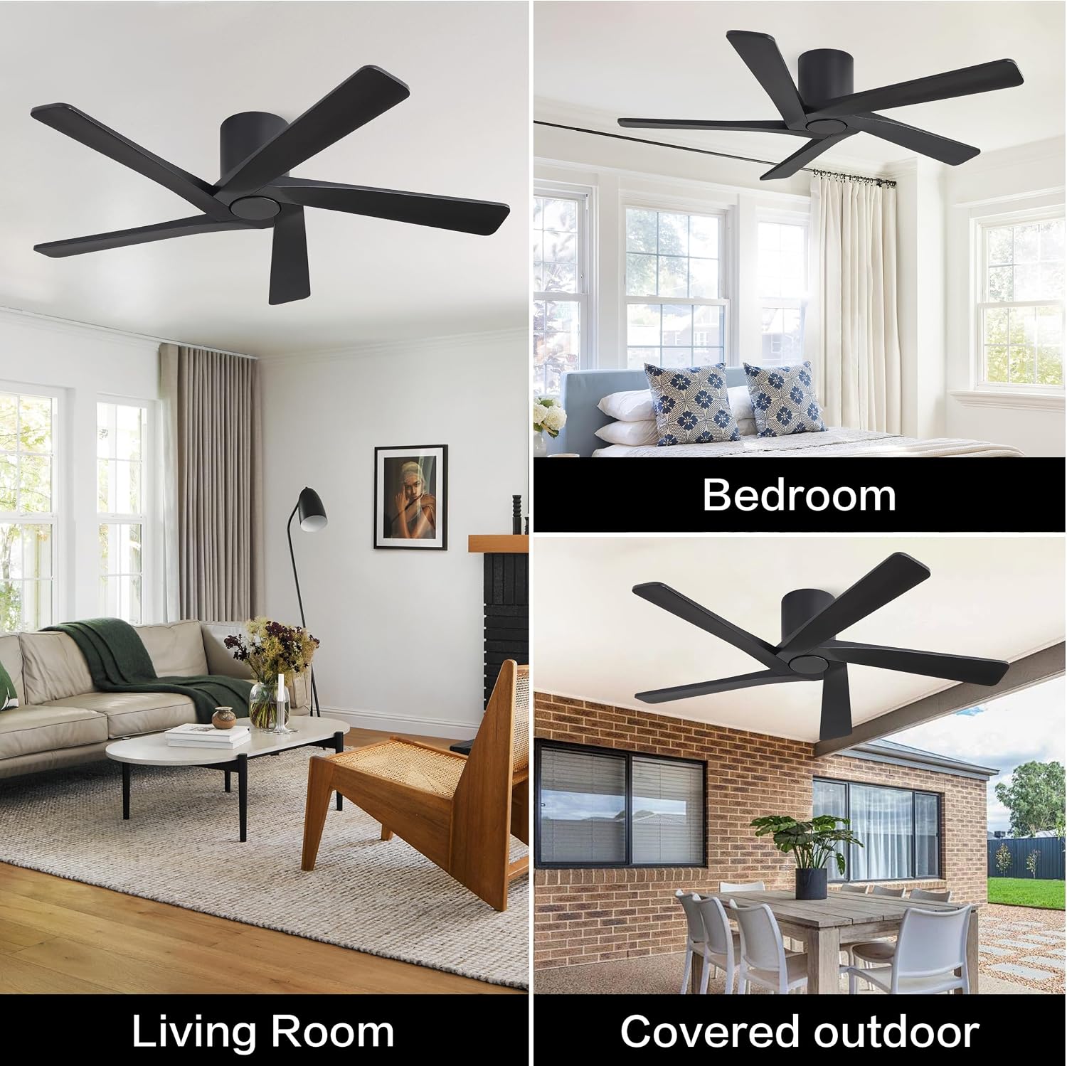 WINGBO 48 Inch Flush Mount DC Ceiling Fans without Lights, 5 Carved Solid Wood Blades, 6-Speed Reversible DC Motor, Low Profile Hugger Ceiling Fan No Lights for Indoor and Outdoor, Matte Black