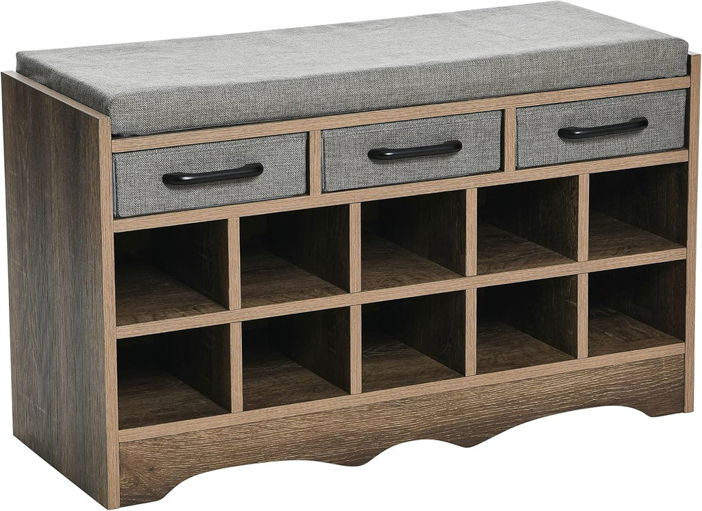 Household Essentials Entryway Storage Bench with 3 Grey Drawers 10 Shoe Compartments and Cushioned Seat in Ashwood Rustic Wood Grain