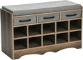 Household Essentials Entryway Storage Bench with 3 Grey Drawers 10 Shoe Compartments and Cushioned Seat in Ashwood Rustic Wood Grain