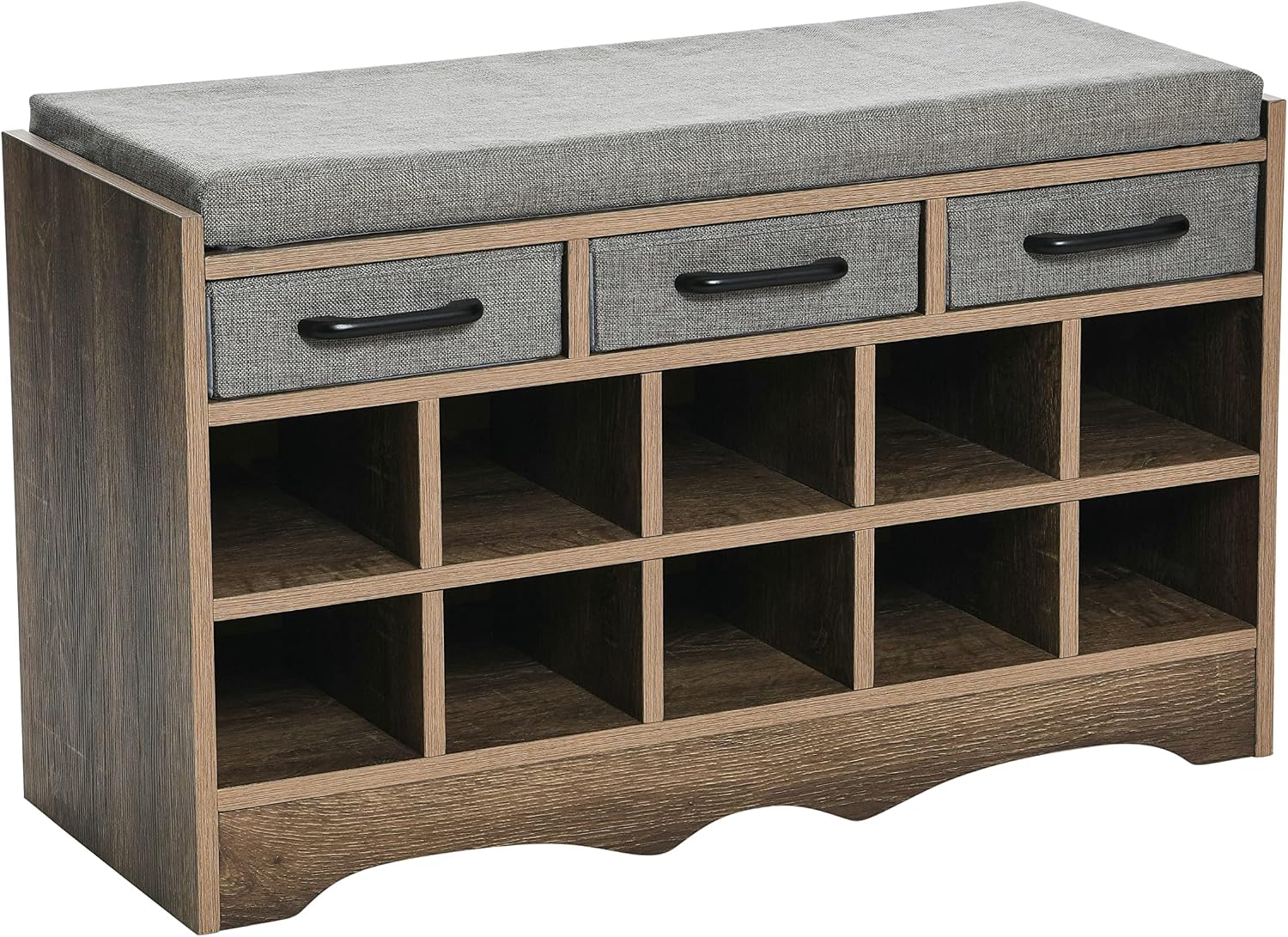 Household Essentials Entryway Storage Bench with 3 Grey Drawers 10 Shoe Compartments and Cushioned Seat in Ashwood Rustic Wood Grain