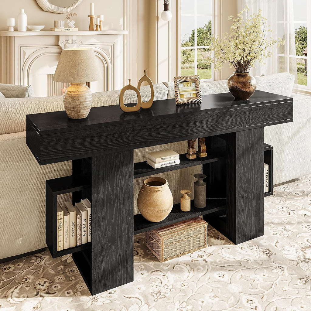 Einhomn 63 Inch Long Console Table for Entryway, Modern Wooden Sofa Table Behind Couch with 3-Tier Storage Shelf, Narrow Entry Accent Table for Living Room, Hallway, Foyer, Black