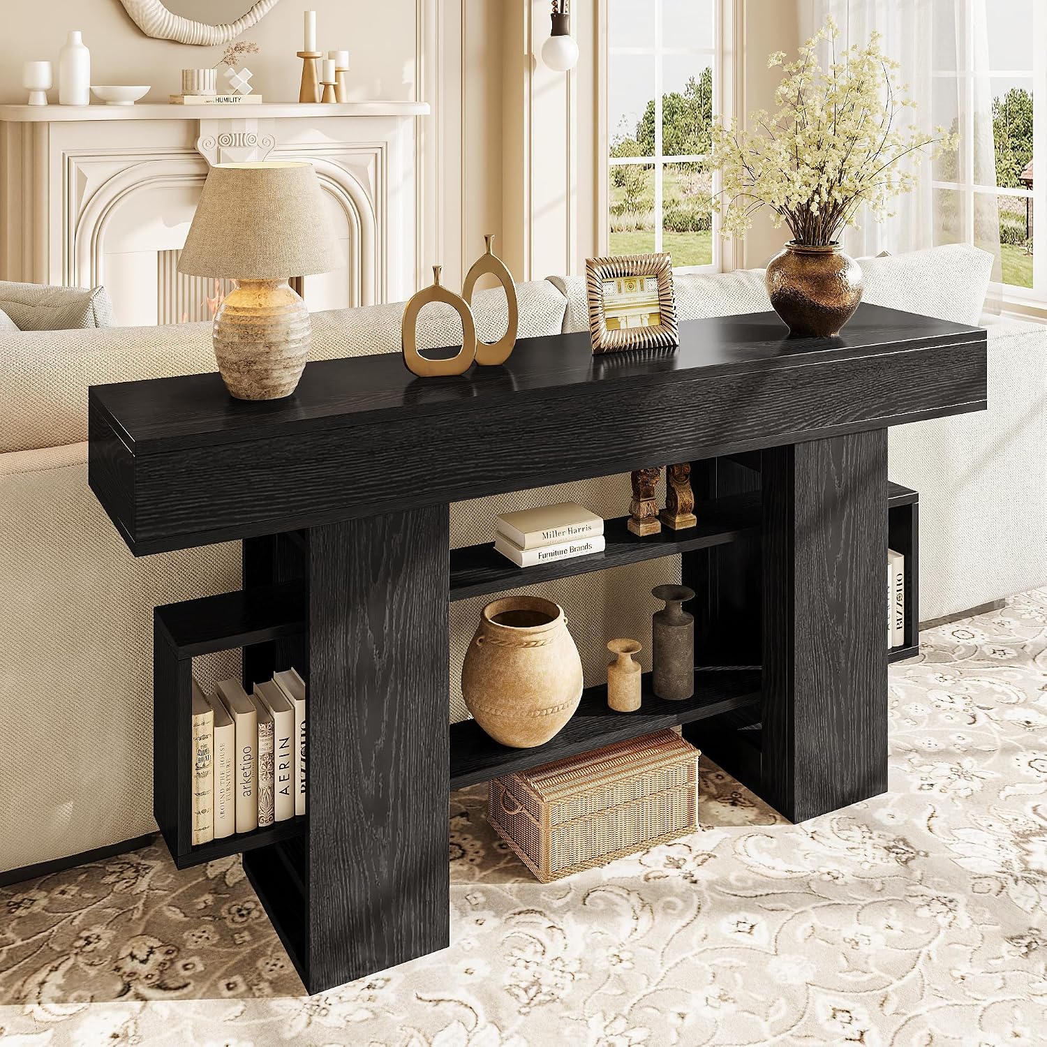 Einhomn 63 Inch Long Console Table for Entryway, Modern Wooden Sofa Table Behind Couch with 3-Tier Storage Shelf, Narrow Entry Accent Table for Living Room, Hallway, Foyer, Black