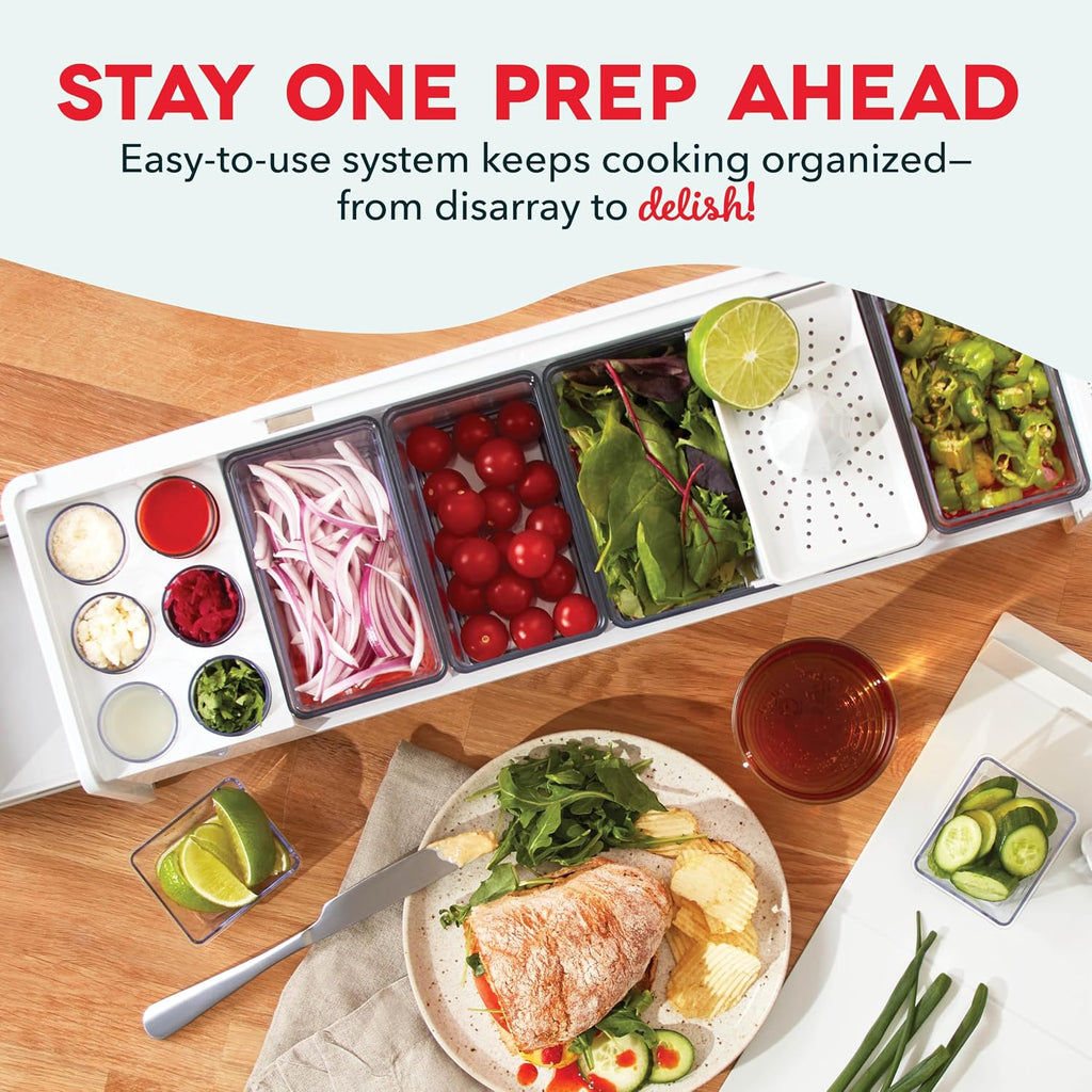 Prepdeck Gen 2 Recipe Prep & Storage Station - 8 Essential Tools + Deluxe Cutting Board, 14 Plastic Containers + Super-Seal Lids, Removable Trash Compartments, Tablet Stand Included - White Stone