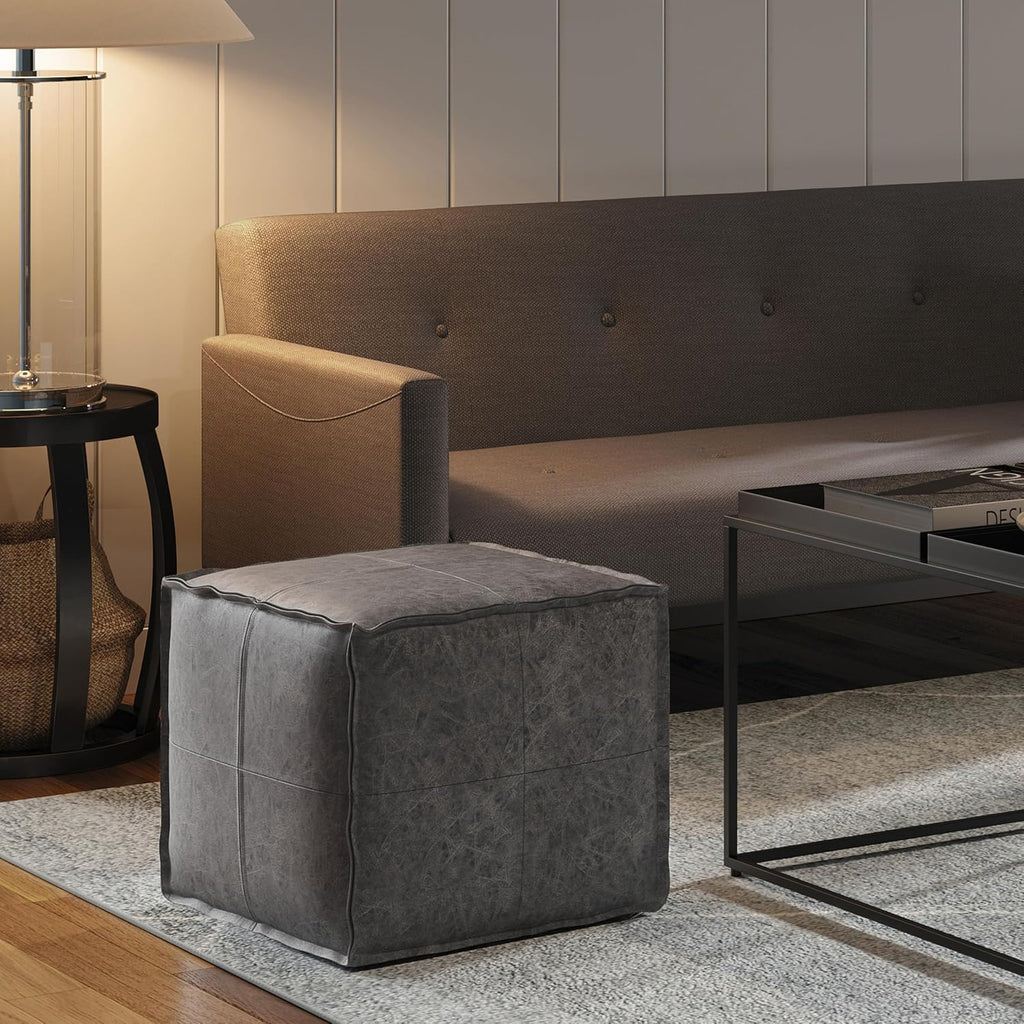 SIMPLIHOME Brody Square Pouf - 18' Wide x 14' High Upholstered Vegan Leather Ottoman in Distressed Black, Boho Footstool, Coffee Table or Extra Seating for Living Room or Bedroom, Assembled