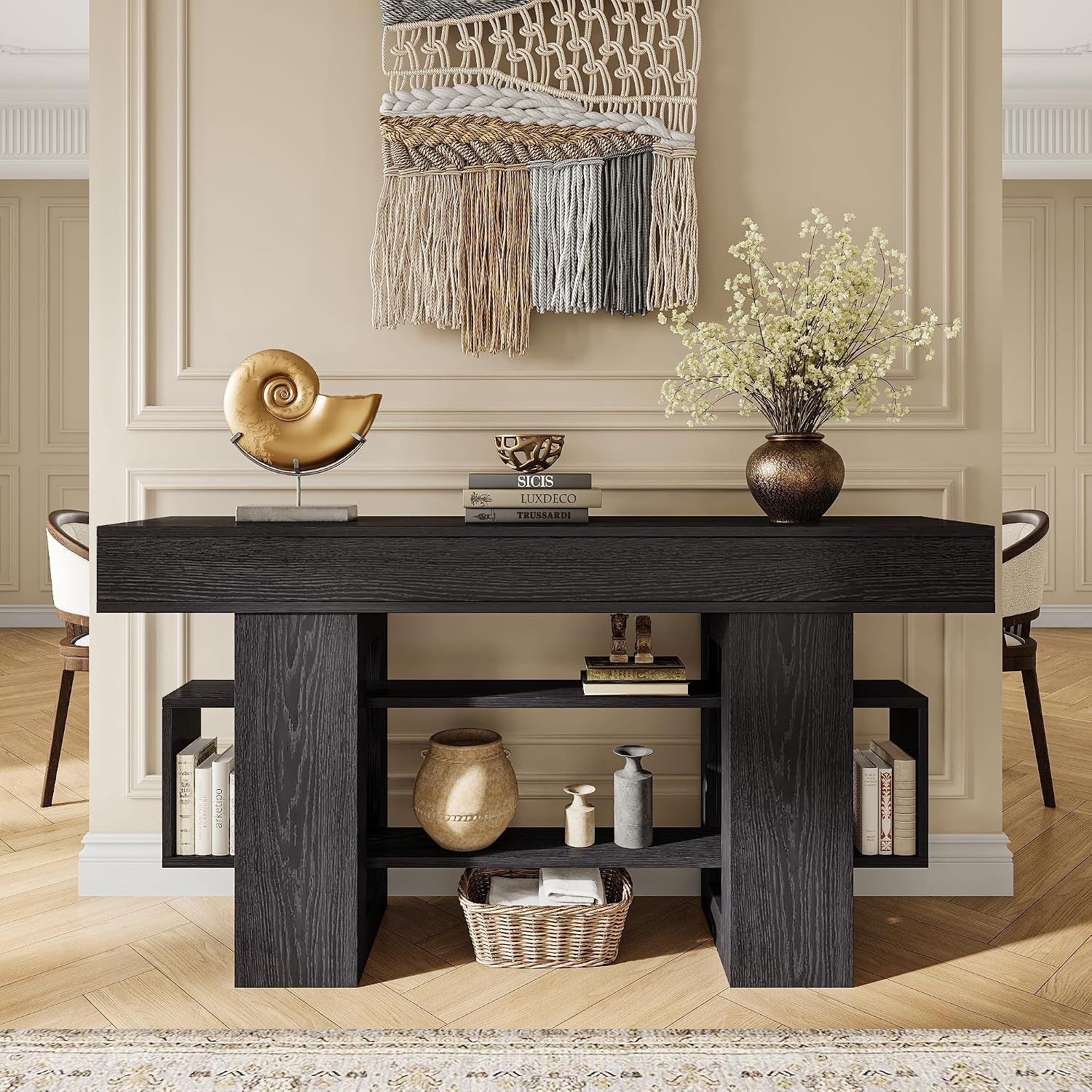 Einhomn 63 Inch Long Console Table for Entryway, Modern Wooden Sofa Table Behind Couch with 3-Tier Storage Shelf, Narrow Entry Accent Table for Living Room, Hallway, Foyer, Black