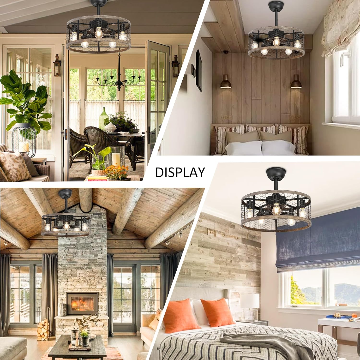Ohniyou 20'' Caged Rustic Farmhouse Ceiling Fan with Lights Remote Control, Reversible Motor, 6 Speeds Ceiling Fan Light Fixture for Dining Room Bedroom