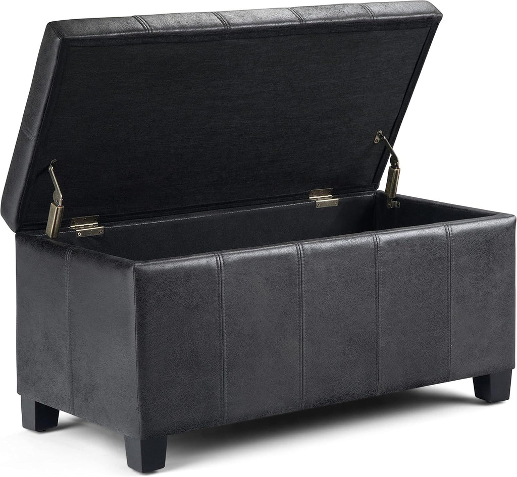 SIMPLIHOME Dover Storage Ottoman Bench - 36 inch Wide Upholstered Vegan Leather Rectangular Lift-Top Ottoman in Distressed Black, Contemporary Bench for Living Room with Safety Hinges