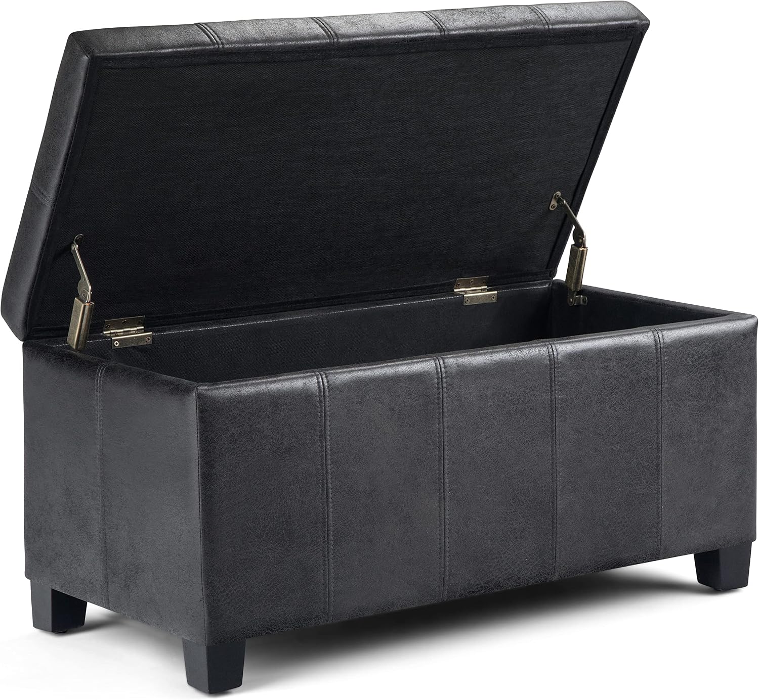 SIMPLIHOME Dover Storage Ottoman Bench - 36 inch Wide Upholstered Vegan Leather Rectangular Lift-Top Ottoman in Distressed Black, Contemporary Bench for Living Room with Safety Hinges