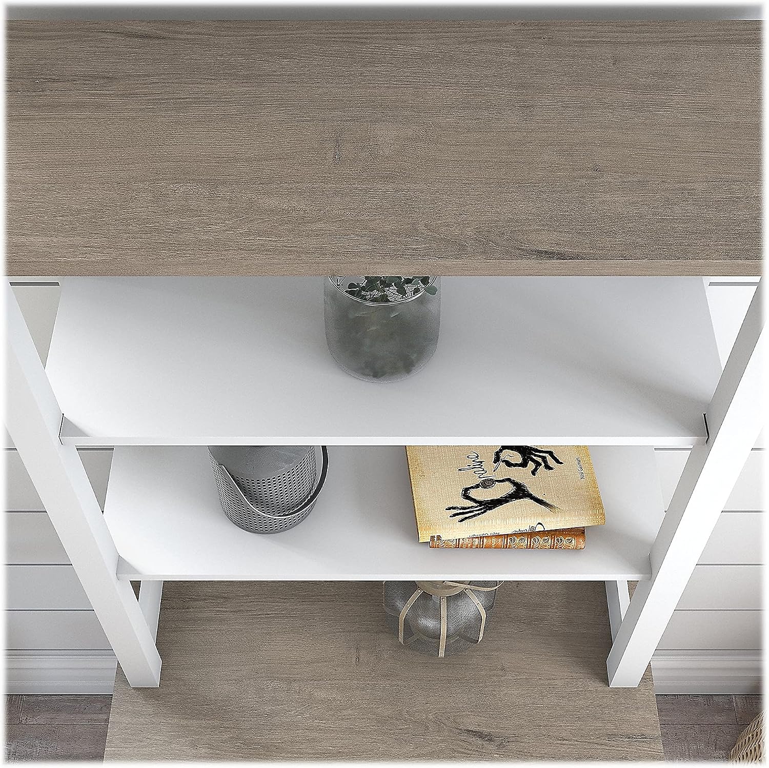 Bush Home Mayfield Bookcase with Drawers in Pure White and Shiplap Gray