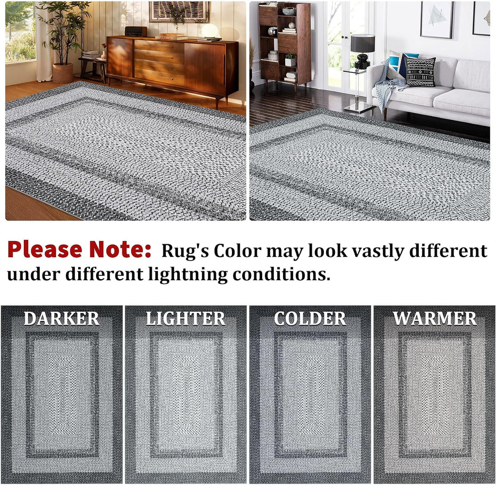 Large Braided Print Rug 10x13 Living Room Rug Soft Washable Rugs for Bedroom Low Pile Stain-Resistant Farmhouse Mat Non Slip Rustic Floor Mat for Dining Room Nursery Cottage Office Grey