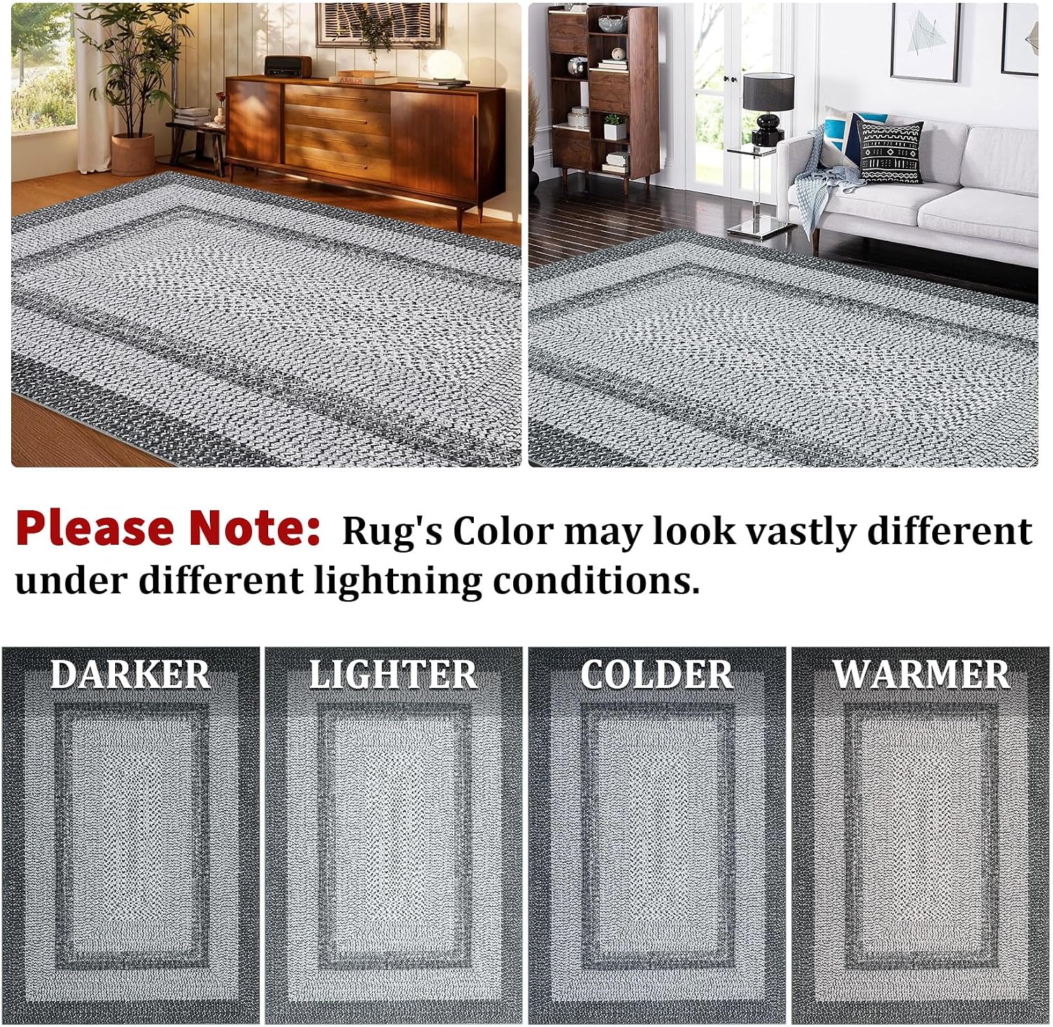 Large Braided Print Rug 10x13 Living Room Rug Soft Washable Rugs for Bedroom Low Pile Stain-Resistant Farmhouse Mat Non Slip Rustic Floor Mat for Dining Room Nursery Cottage Office Grey