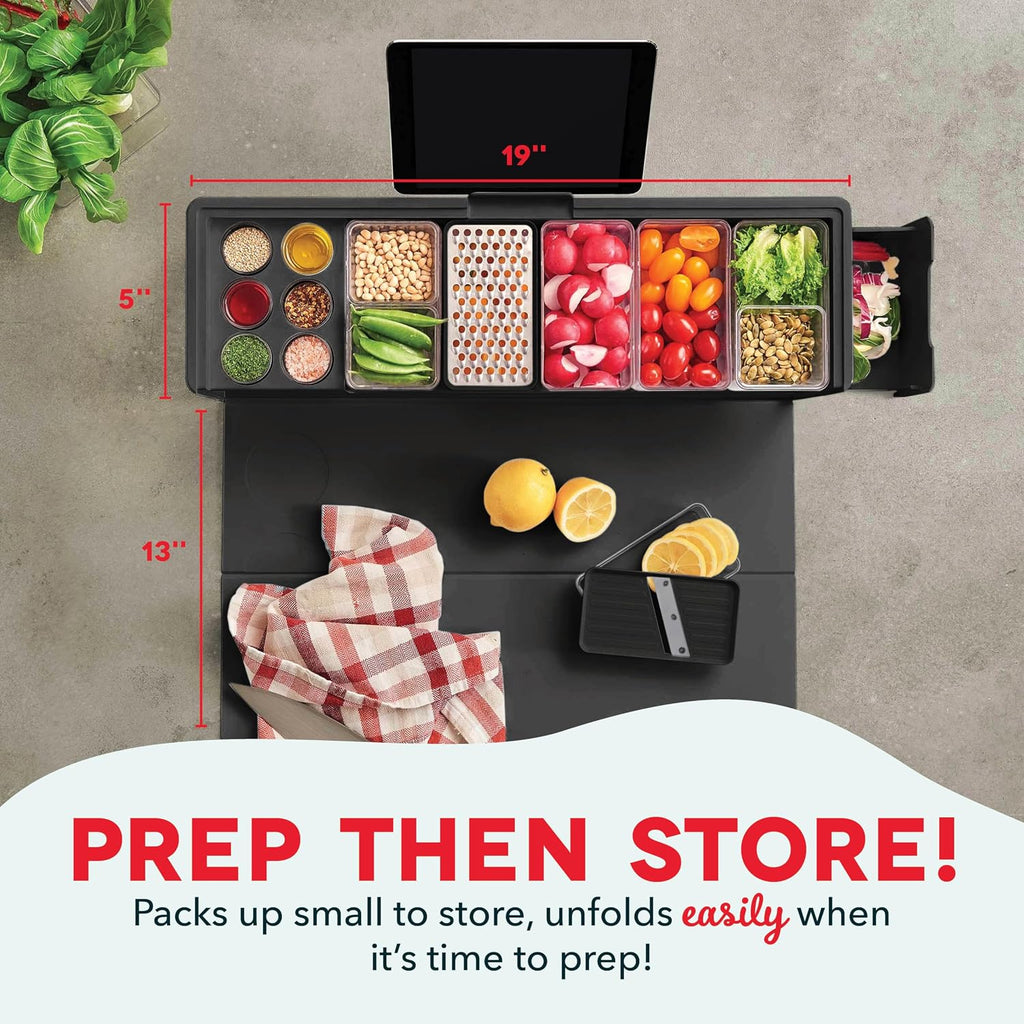 Prepdeck Gen 2 Recipe Prep & Storage Station - 8 Essential Tools + Deluxe Cutting Board, 14 Plastic Containers + Super-Seal Lids, Removable Trash Compartments, Tablet Stand Included - Midnight Black