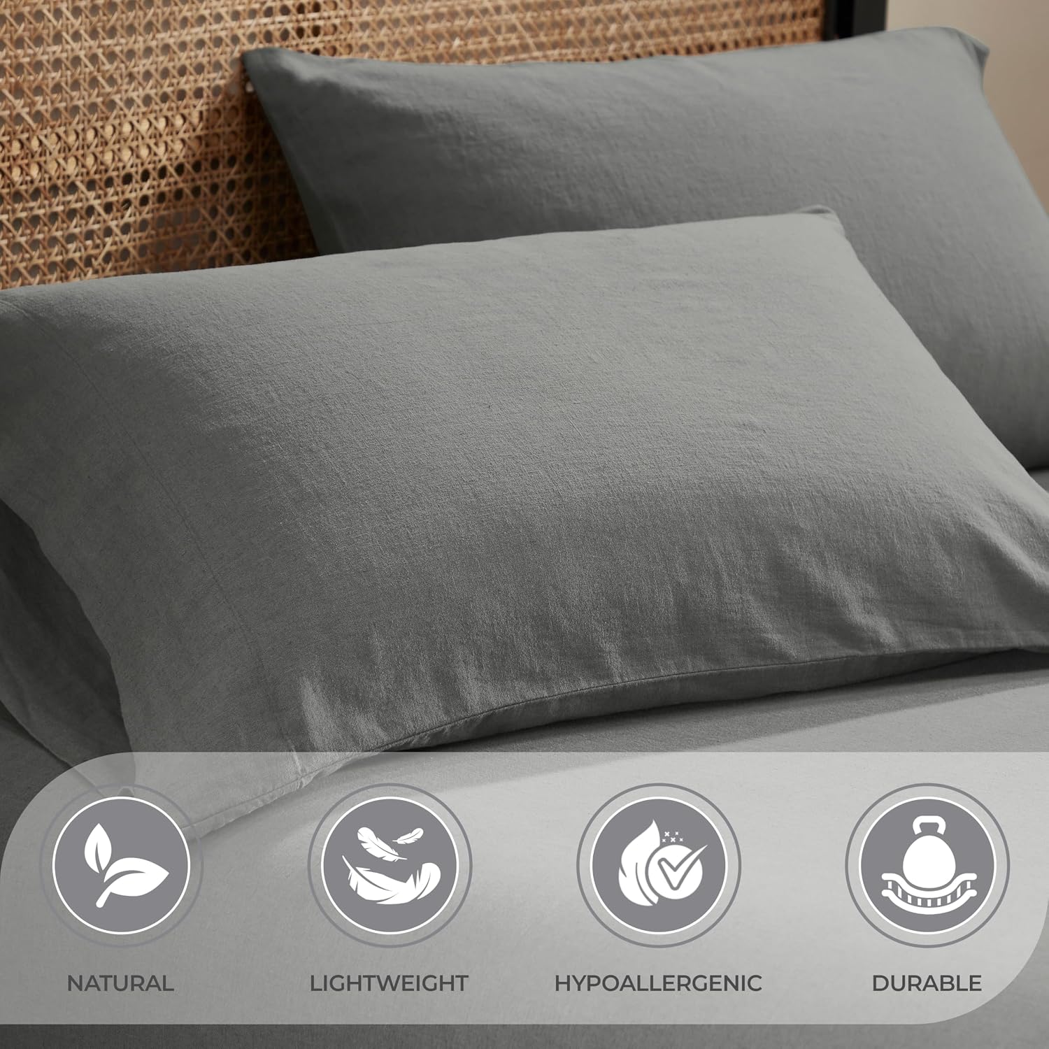 Superior Cotton Linen Blend Sheet Set, Bedsheets for Home Decor, Modern Solid Bedding Includes 1 Oversized Fitted Sheet, 1 Flat Sheet, 2 Pillowcases, Bedroom Essentials, King Size, Charcoal