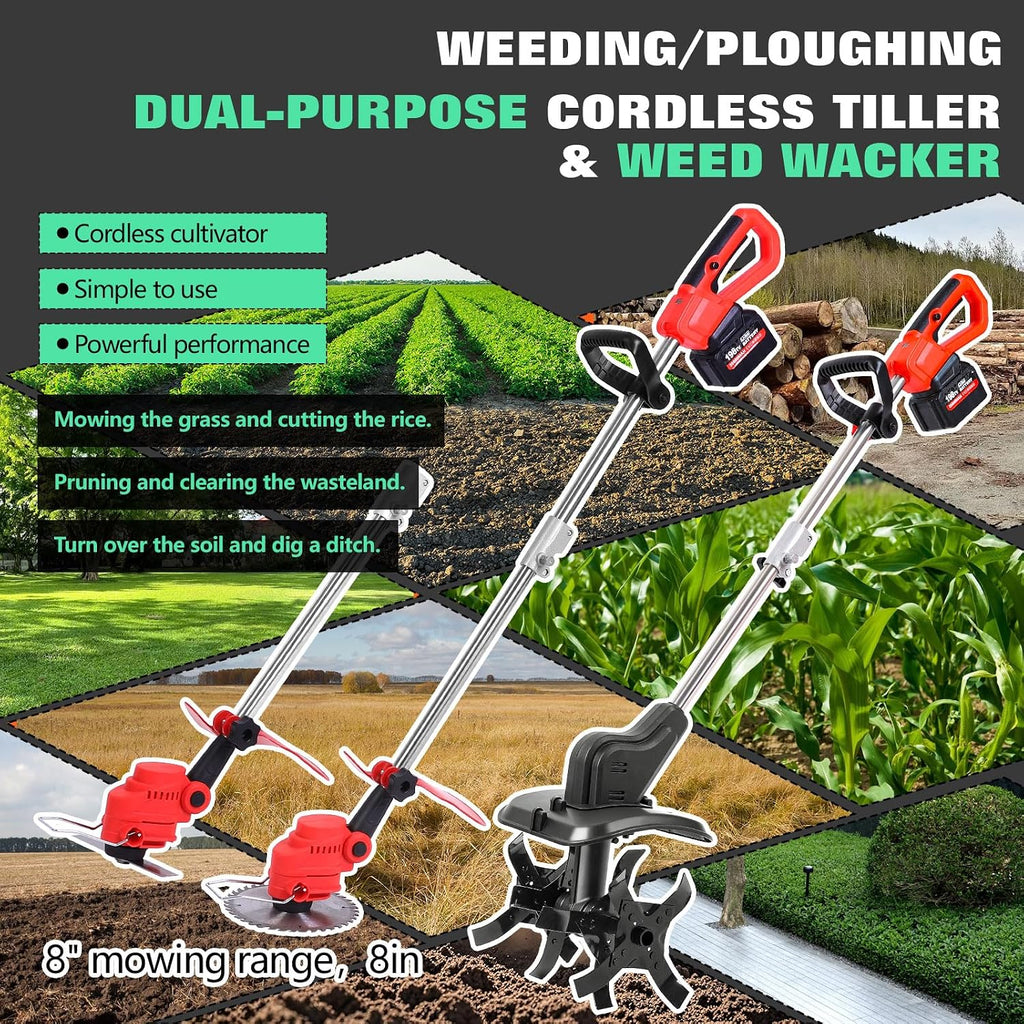 Cordless 2-in-1 Tiller & Weed Whacker Combo, 800W Brushless Motor, 12'x9' Rototiller, 8' Trimmer, 2x21v 6.0Ah Battery, Electric Weed Eater & Garden Tiller, Perfect for Lawn Care & Gardening Tools