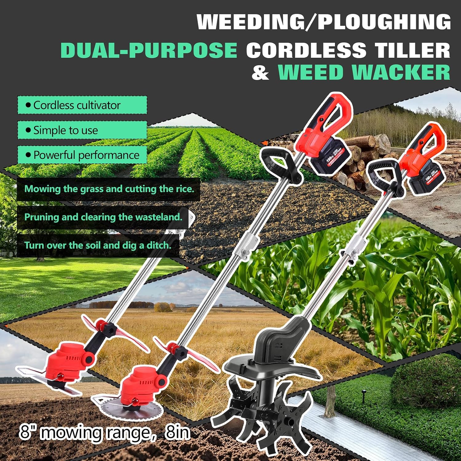 Cordless 2-in-1 Tiller & Weed Whacker Combo, 800W Brushless Motor, 12'x9' Rototiller, 8' Trimmer, 2x21v 6.0Ah Battery, Electric Weed Eater & Garden Tiller, Perfect for Lawn Care & Gardening Tools