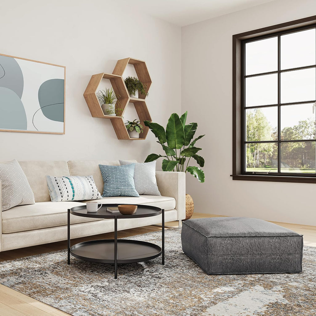 SIMPLIHOME Brody Boho Square Pouf in Distressed Black Vegan Faux Leather for the Living Room, Bedroom and Kids Room