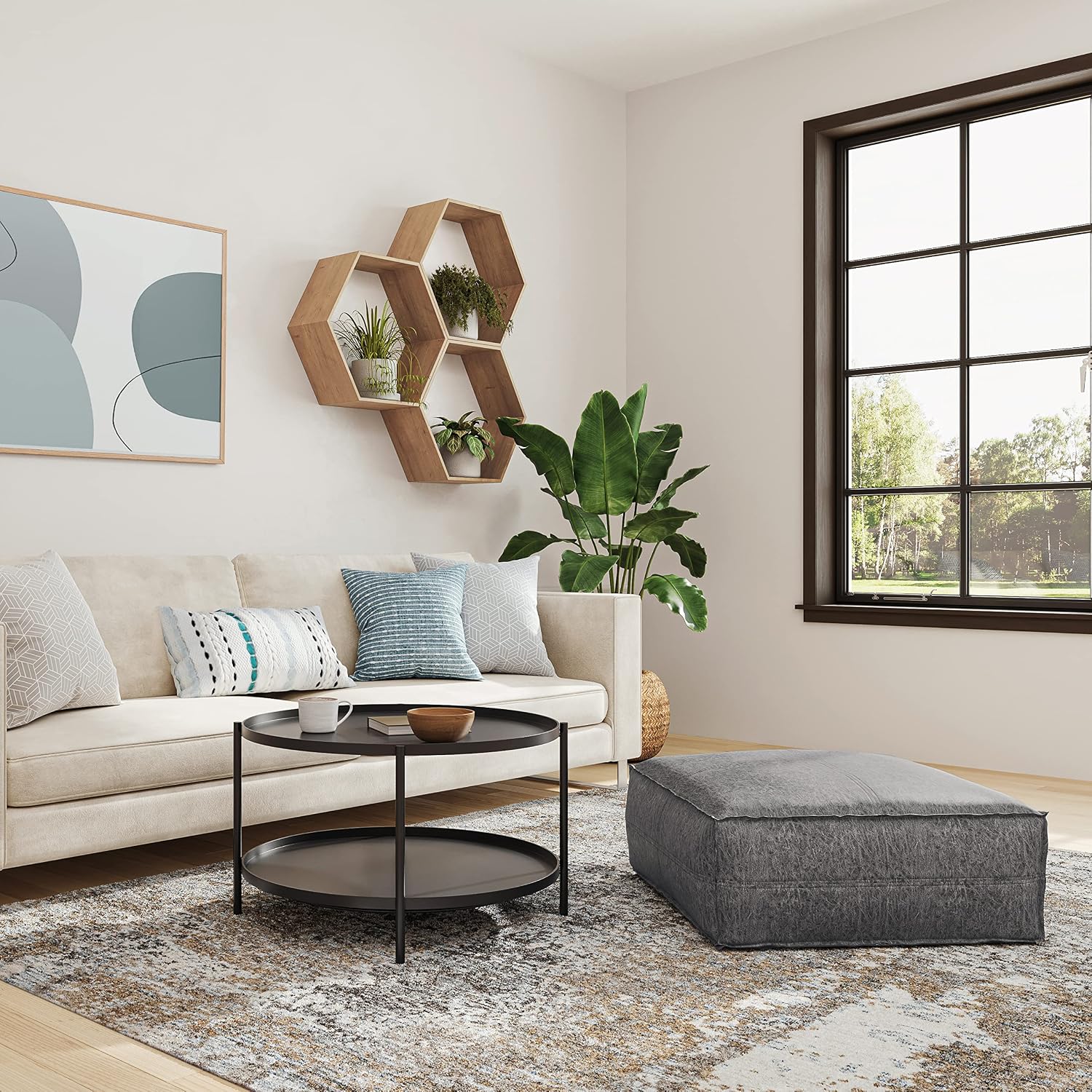 SIMPLIHOME Brody Boho Square Pouf in Distressed Black Vegan Faux Leather for the Living Room, Bedroom and Kids Room