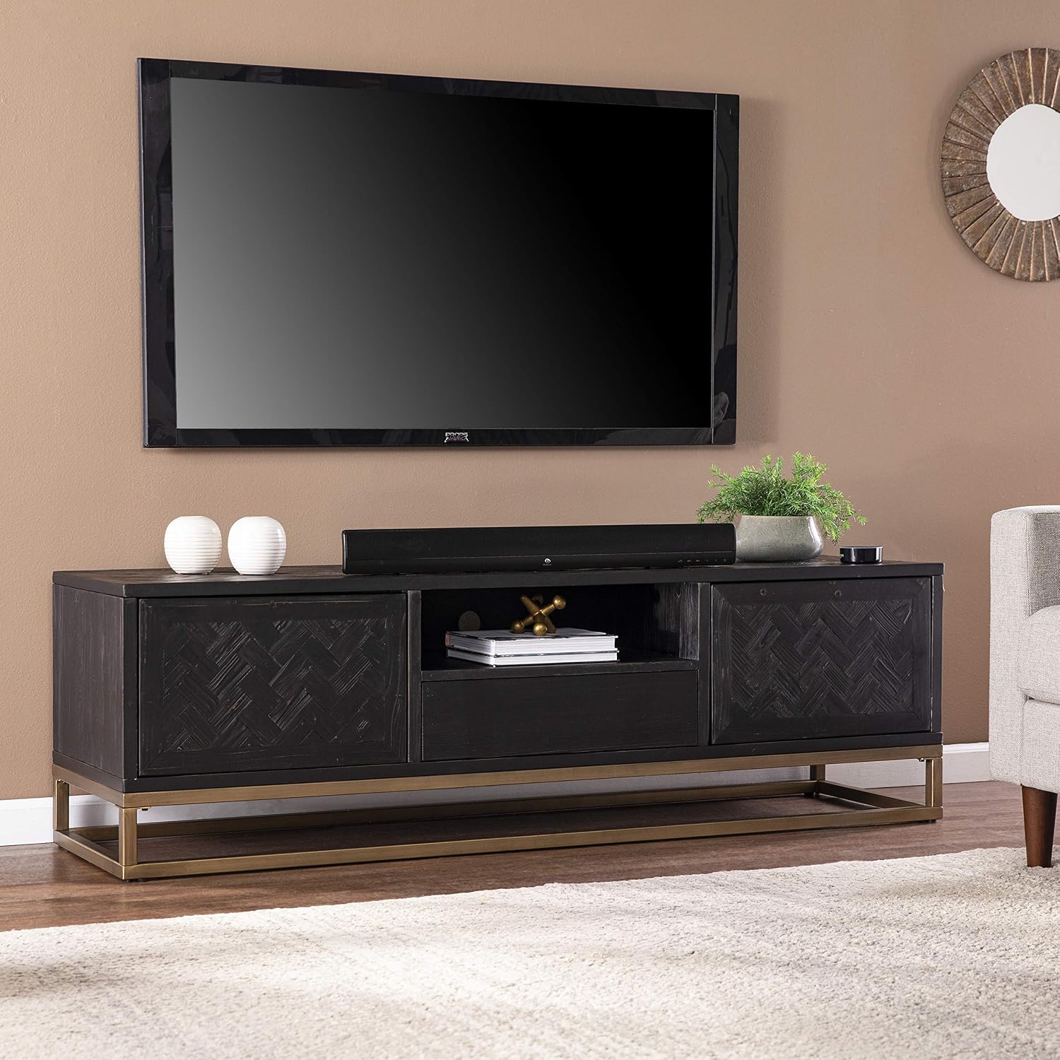 SEI Furniture Dessingham Reclaimed Wood Media TV Stand, Black/Gold, (AMZ3196901SM)