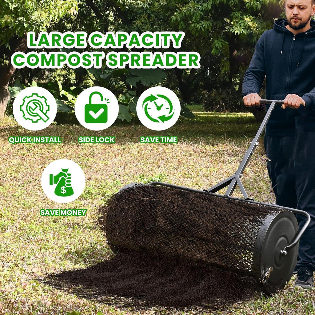 MAKEATREE 36 Inch Compost Spreader and Peat Moss Spreader, 36' Lawn Top Soil Spreader with Height Adjustable T Shaped Handle, Steel Mesh Basket Garden Spreader for Spreading Manure Topsoil, Black