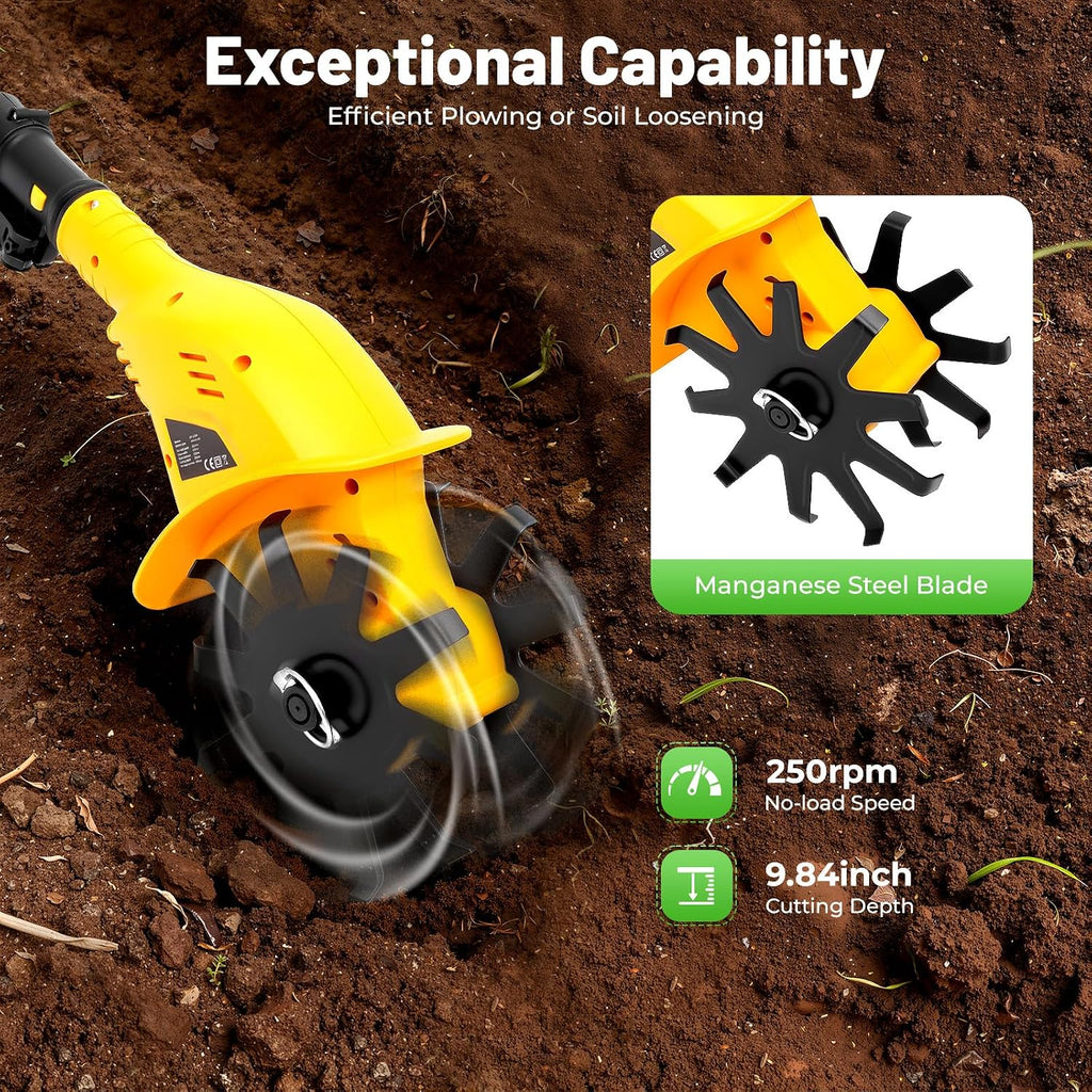 20V Cordless Electric Garden Tiller, 250RPM Handheld Tiller Cultivator with 2.0Ah Battery & Charger, 9.8' Tilling Depth, Lightweight Garden Rototiller for Lawn Gardening Soil Cultivation