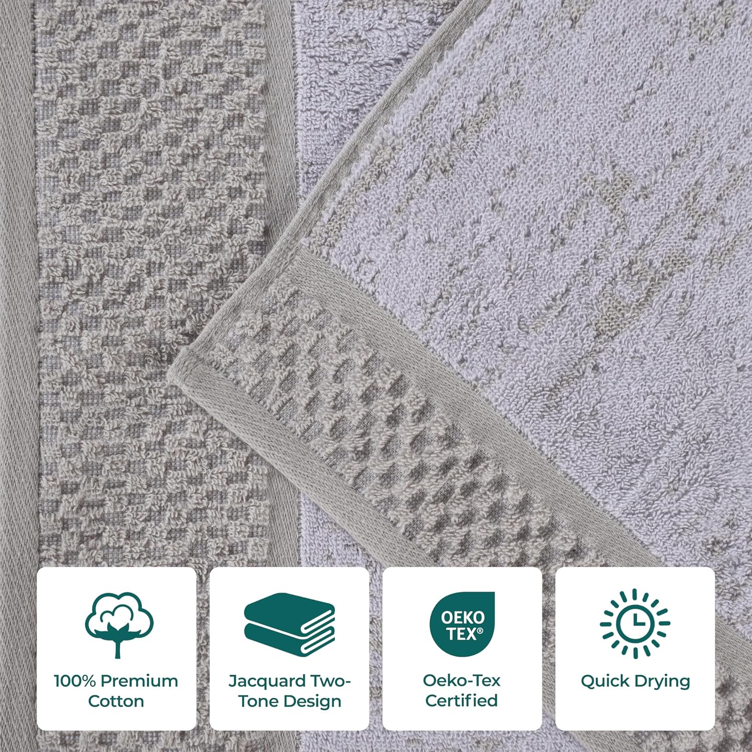 Superior Cotton 12 Piece Assorted Towel Set, Quick Dry, Bathroom Essentials, Shower, Spa, Soft Absorbent Towels, Includes 4 Bath, 4 Hand, 4 Washcloth/Face Towels, Lodie Collection, Stone-White