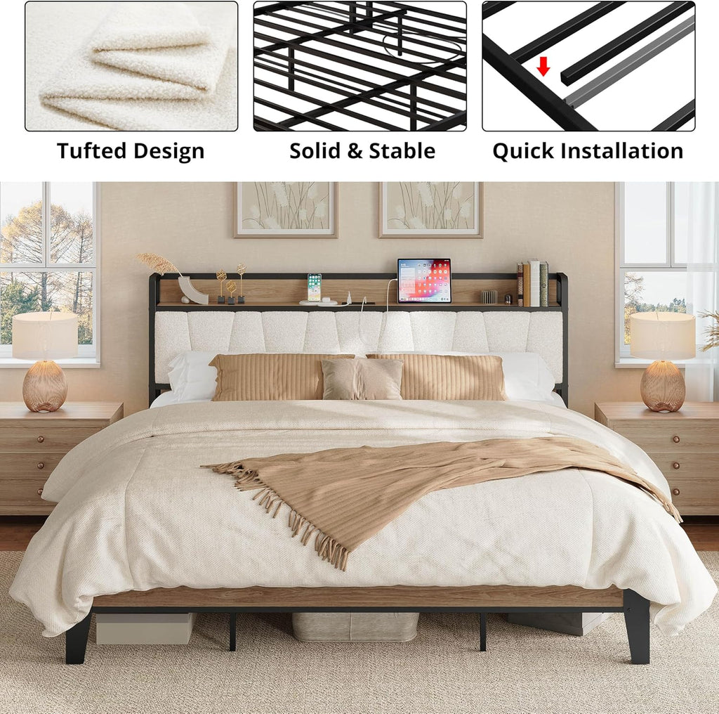LIKIMIO King Bed Frames, Storage Headboard with Charging Station, Solid and Stable, Noise Free, No Box Spring Needed, Easy Assembly, Wood and Cream