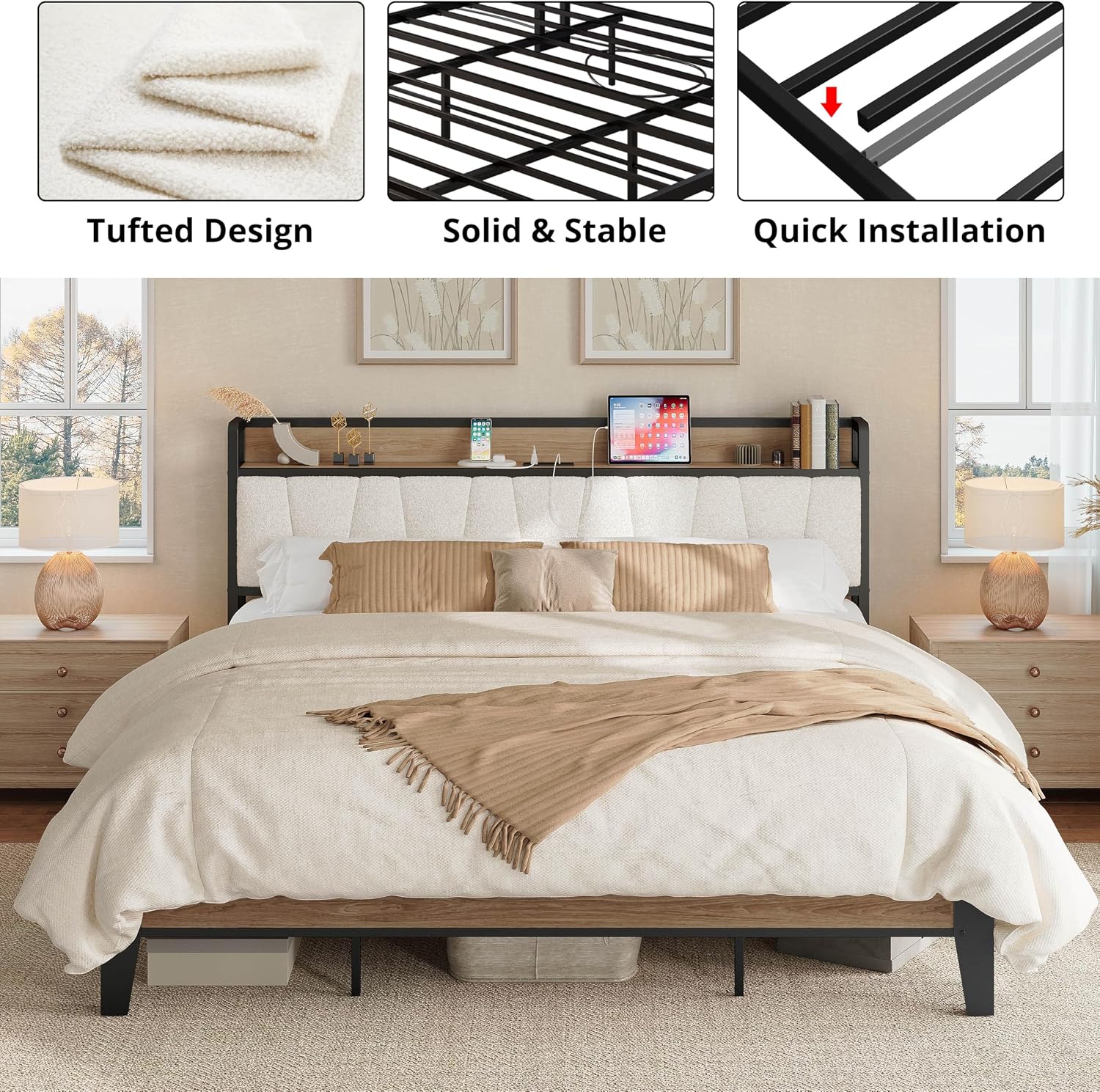 LIKIMIO King Bed Frames, Storage Headboard with Charging Station, Solid and Stable, Noise Free, No Box Spring Needed, Easy Assembly, Wood and Cream