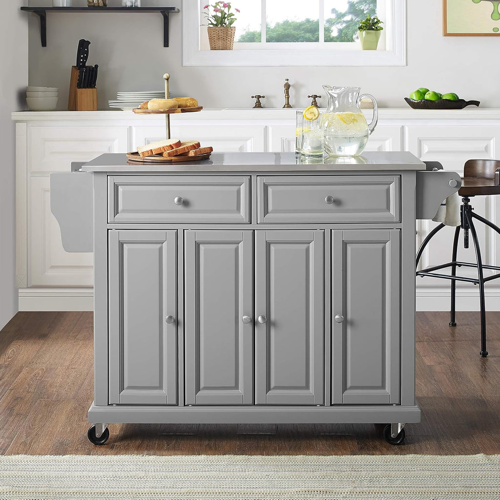 Crosley Furniture Full Size Stainless Steel Rolling Kitchen Island Storage Cart, Microwave Stand, Spice Rack, Gray