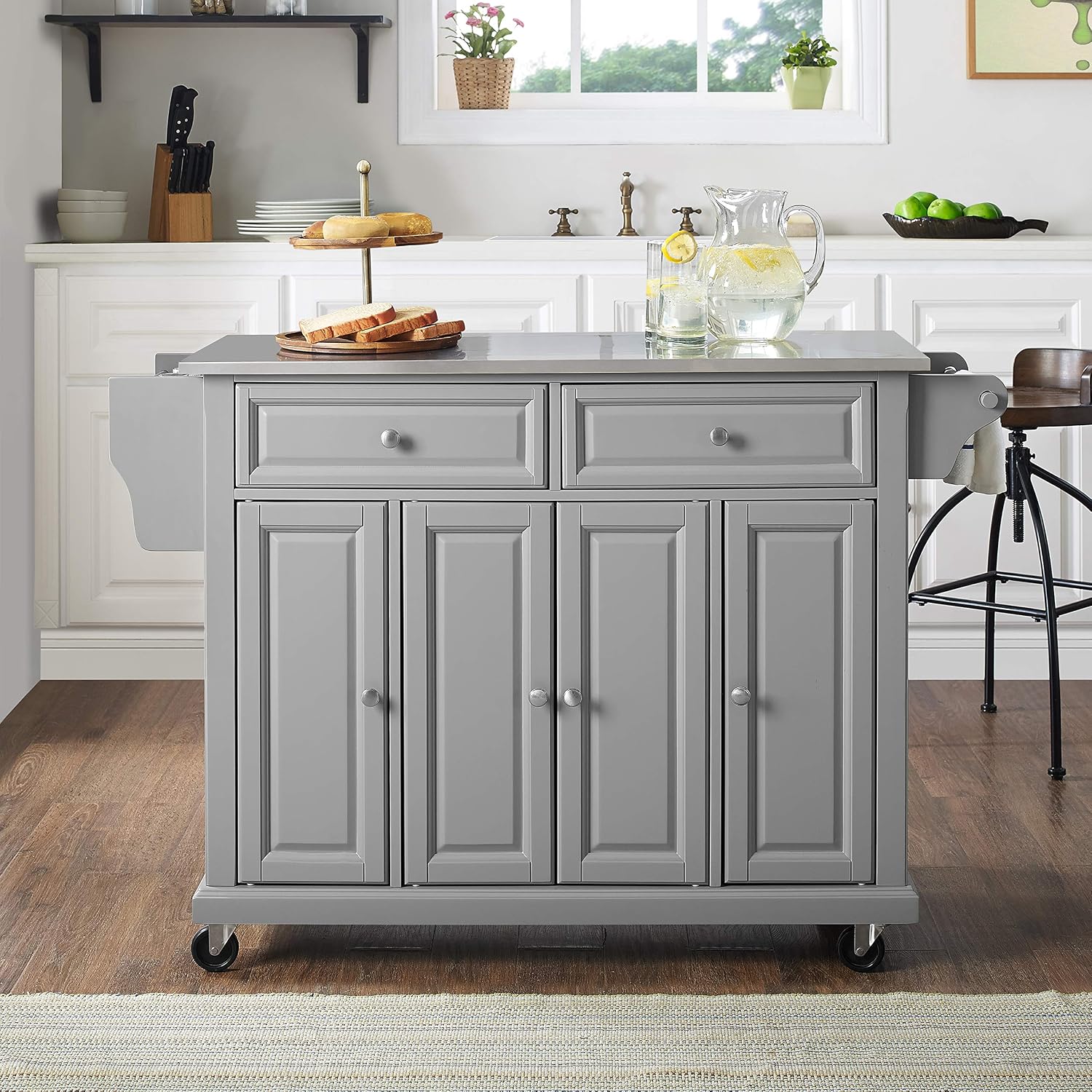 Crosley Furniture Full Size Stainless Steel Rolling Kitchen Island Storage Cart, Microwave Stand, Spice Rack, Gray