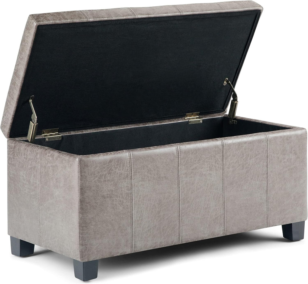 SIMPLIHOME Dover Storage Ottoman Bench - 36 inch Wide Upholstered Vegan Leather Rectangular Lift-Top Ottoman in Distressed Grey Taupe, Contemporary Bench for Living Room with Safety Hinges