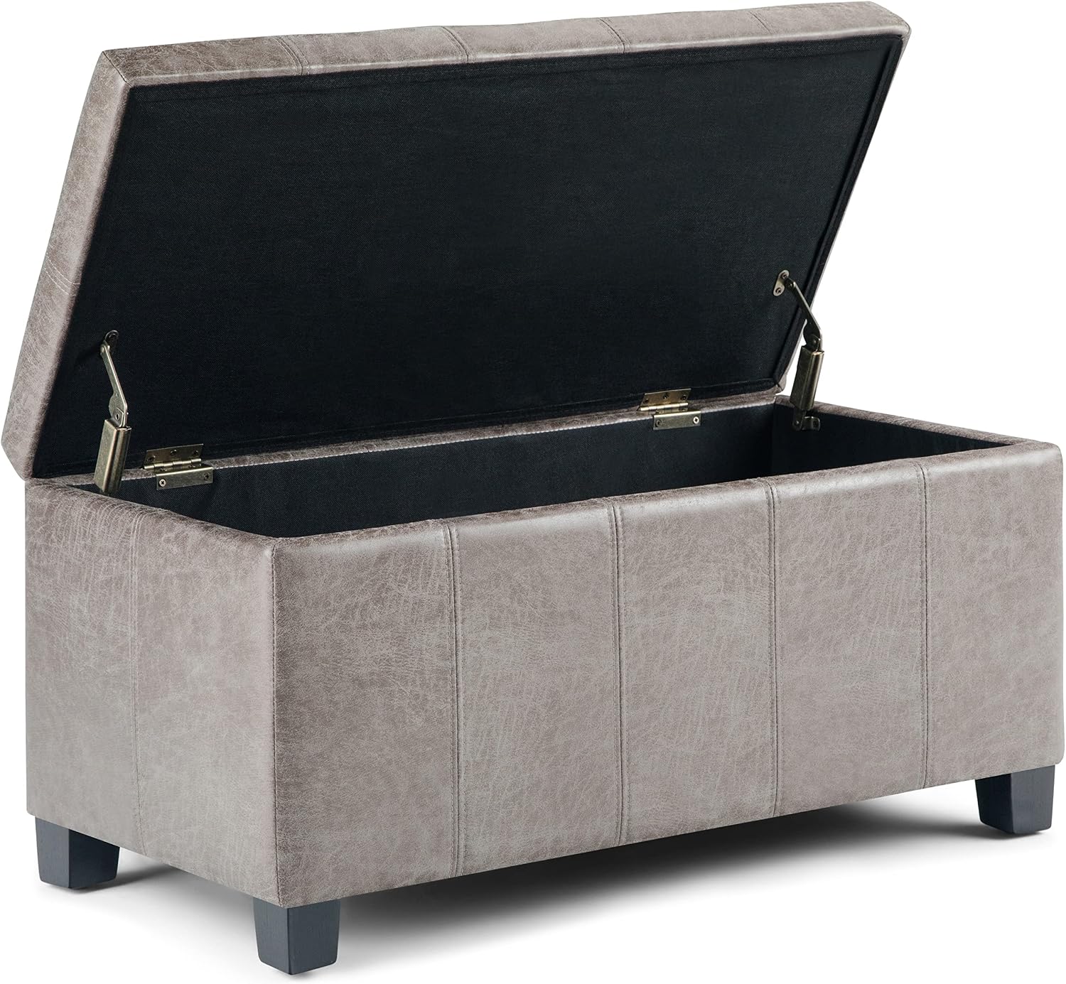 SIMPLIHOME Dover Storage Ottoman Bench - 36 inch Wide Upholstered Vegan Leather Rectangular Lift-Top Ottoman in Distressed Grey Taupe, Contemporary Bench for Living Room with Safety Hinges