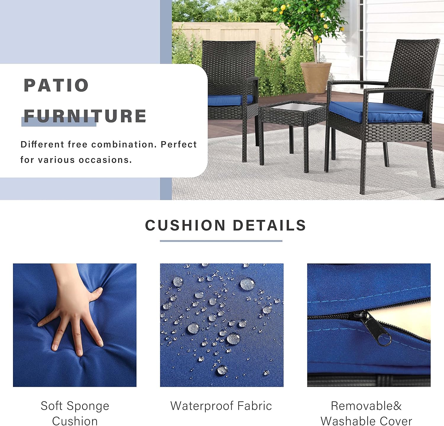 3 Piece Outdoor Patio Furniture Sets, Rattan Conversation Set with Soft Cushion, Wicker Chairs with Coffee Table for Yard Backyard Lawn Porch Poolside Balcony, Blue