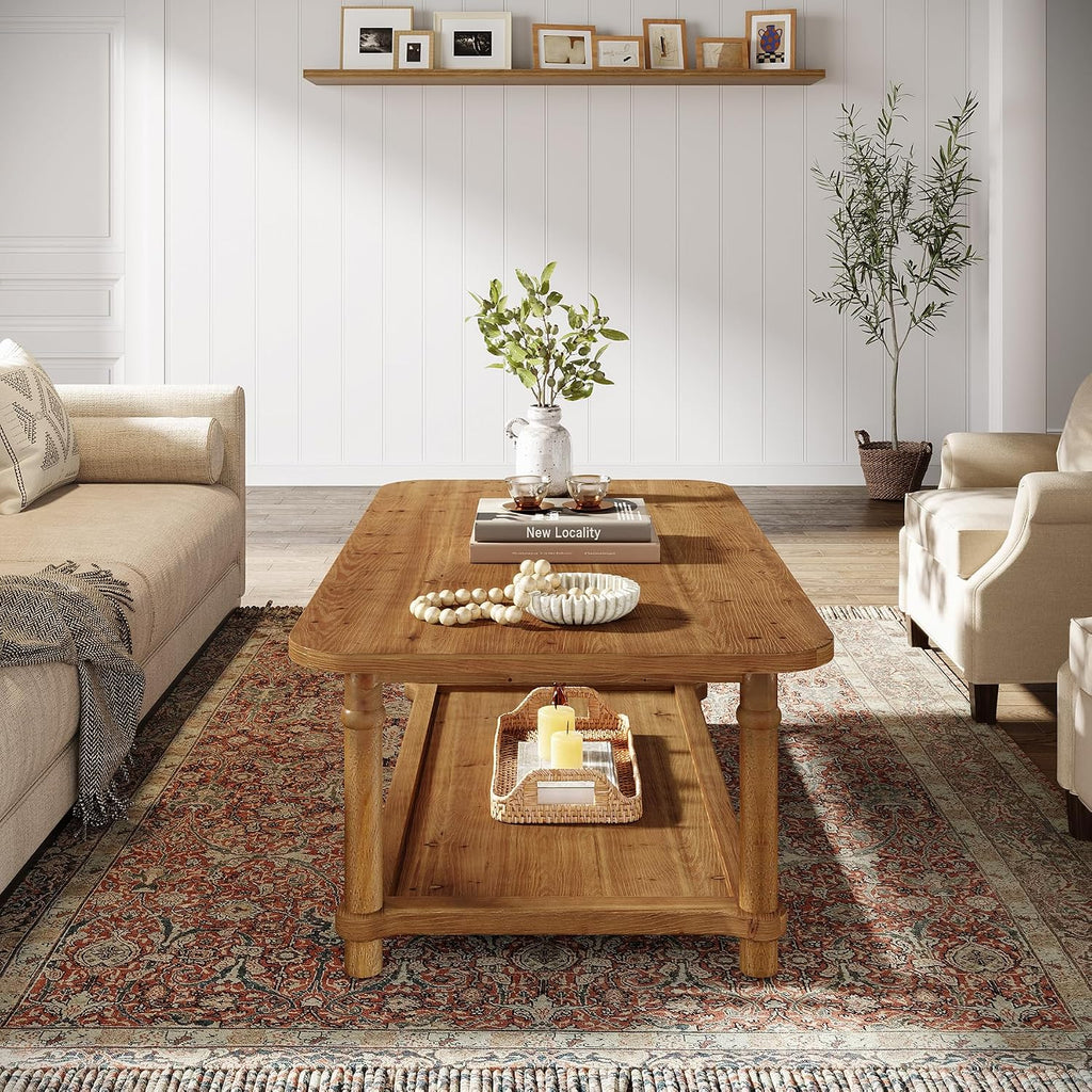 47' Rectangle Coffee Table, Solid Wood Center Table with 2-Tier Storage, Modern Farmhouse Coffee Furniture for Living Room, Home & Family Room, Light Brown