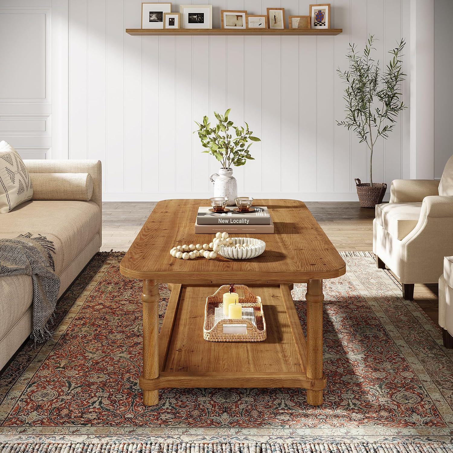 47' Rectangle Coffee Table, Solid Wood Center Table with 2-Tier Storage, Modern Farmhouse Coffee Furniture for Living Room, Home & Family Room, Light Brown