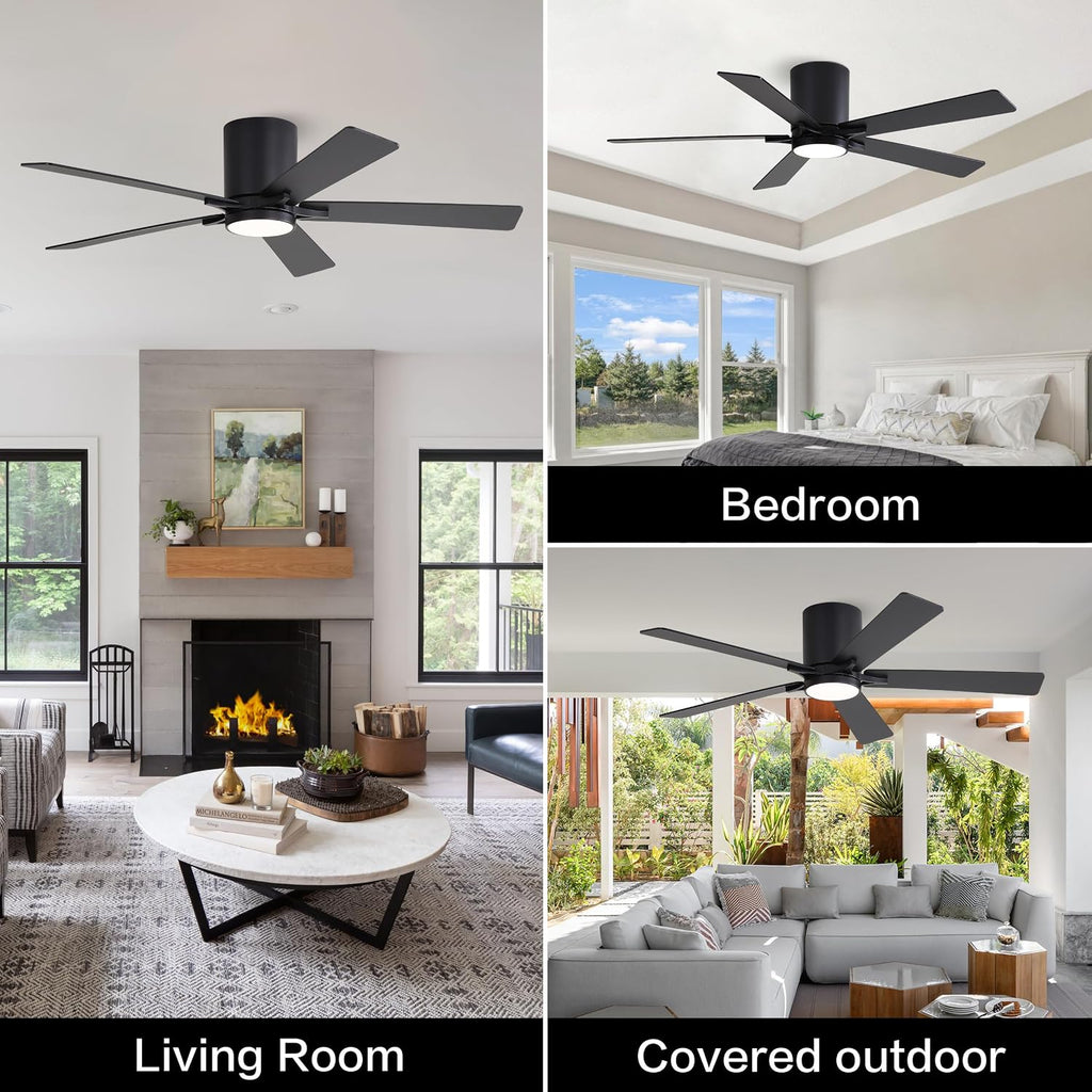 WINGBO 48' DC Flush Mount Ceiling Fan with Lights, 6-Speed Reversible DC Motor, 3CCT, Low Profile Hugger Ceiling Fan for Living Room Bedroom Kitchen, Black Finish and Black/Walnut Blades