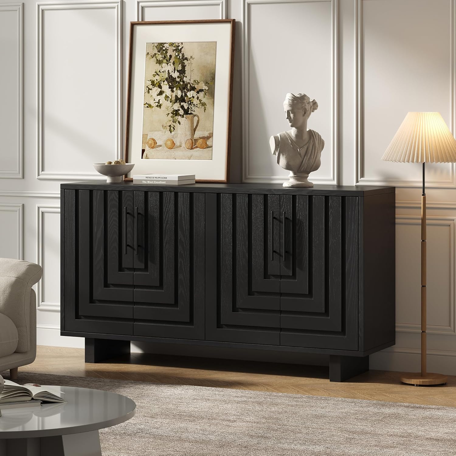 Christopher Knight Home Guke Modern Wooden Kitchen Sideboard Cabinet with Metal Handles, Rectangular Living Room Storage Cabinet with Shelves, Spacious Dining Room Cupboard with 4 Doors, Black