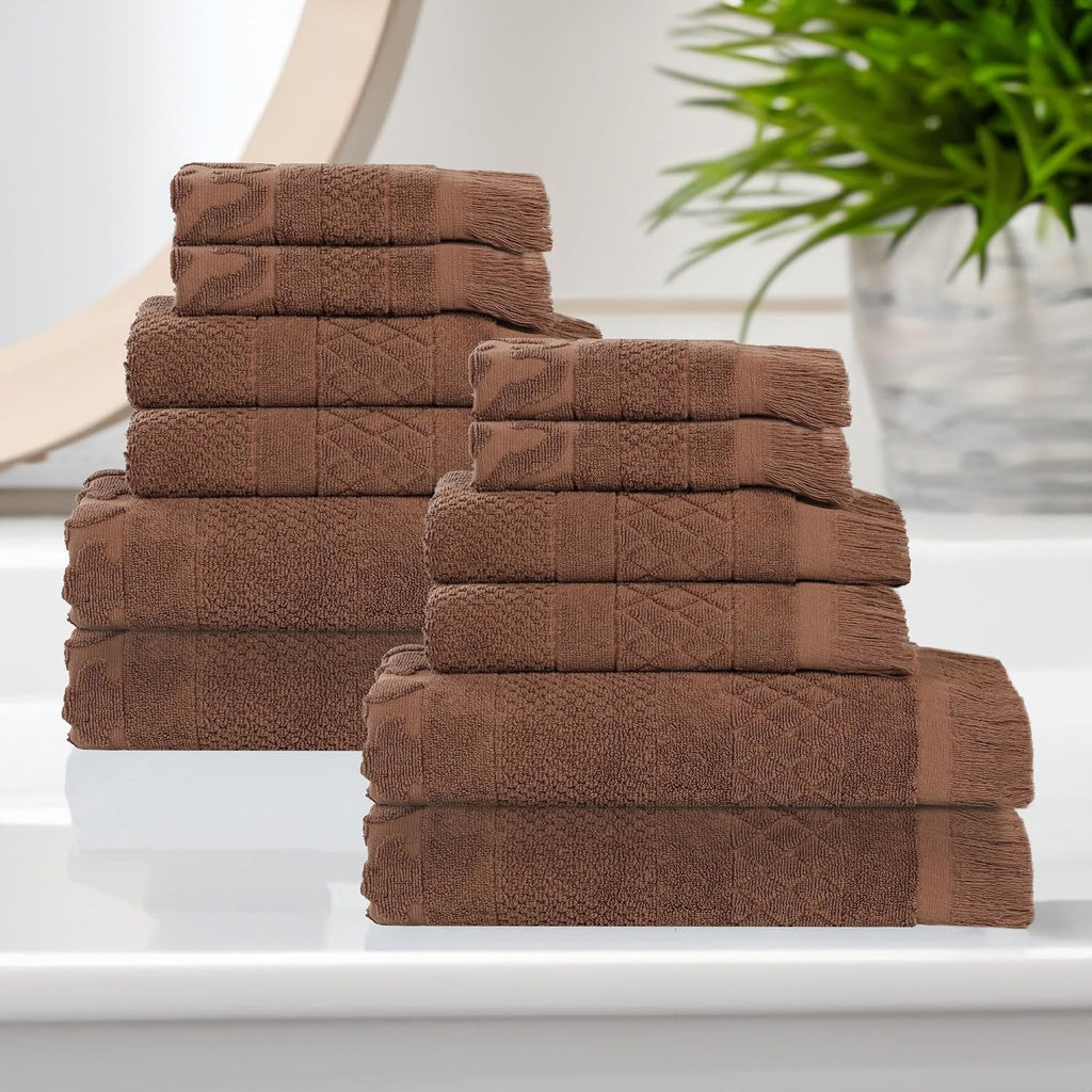 Superior Cotton 12 Piece Towel Set, Quick Dry, Bathroom Essentials, Shower, Spa, Luxury Plush Soft Absorbent Towels, Includes 4 Bath, 4 Hand, 4 Washcloth/Face Towels, Rolla Collection, Chocolate
