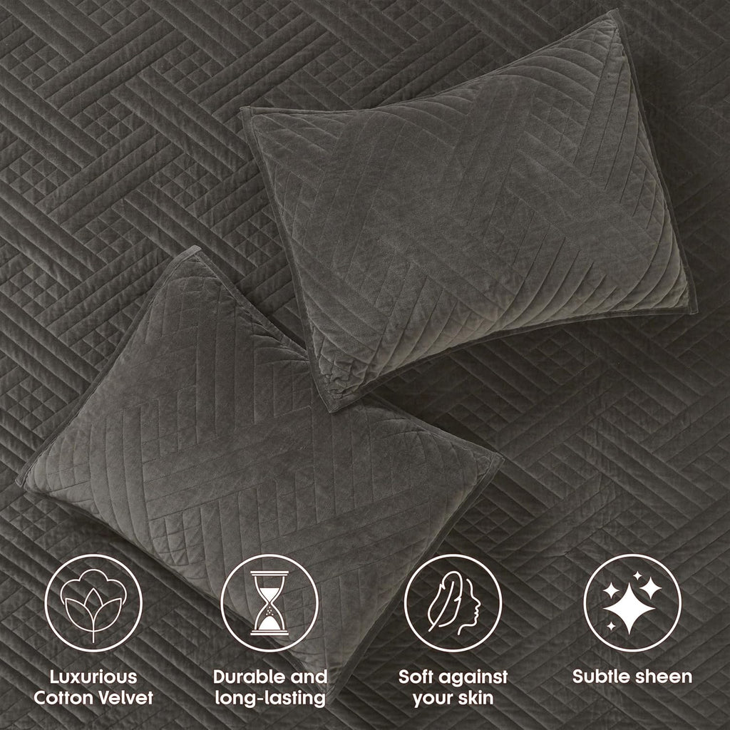 Superior 100% Cotton Velvet 3-Piece Quilt Set, 1 Lightweight Breathable Coverlet, 2 Pillow Shams, Comfy Home Essential Bedding, Cotton Fill, Geometric Aesthetic, Karina Collection, King Size, Grey