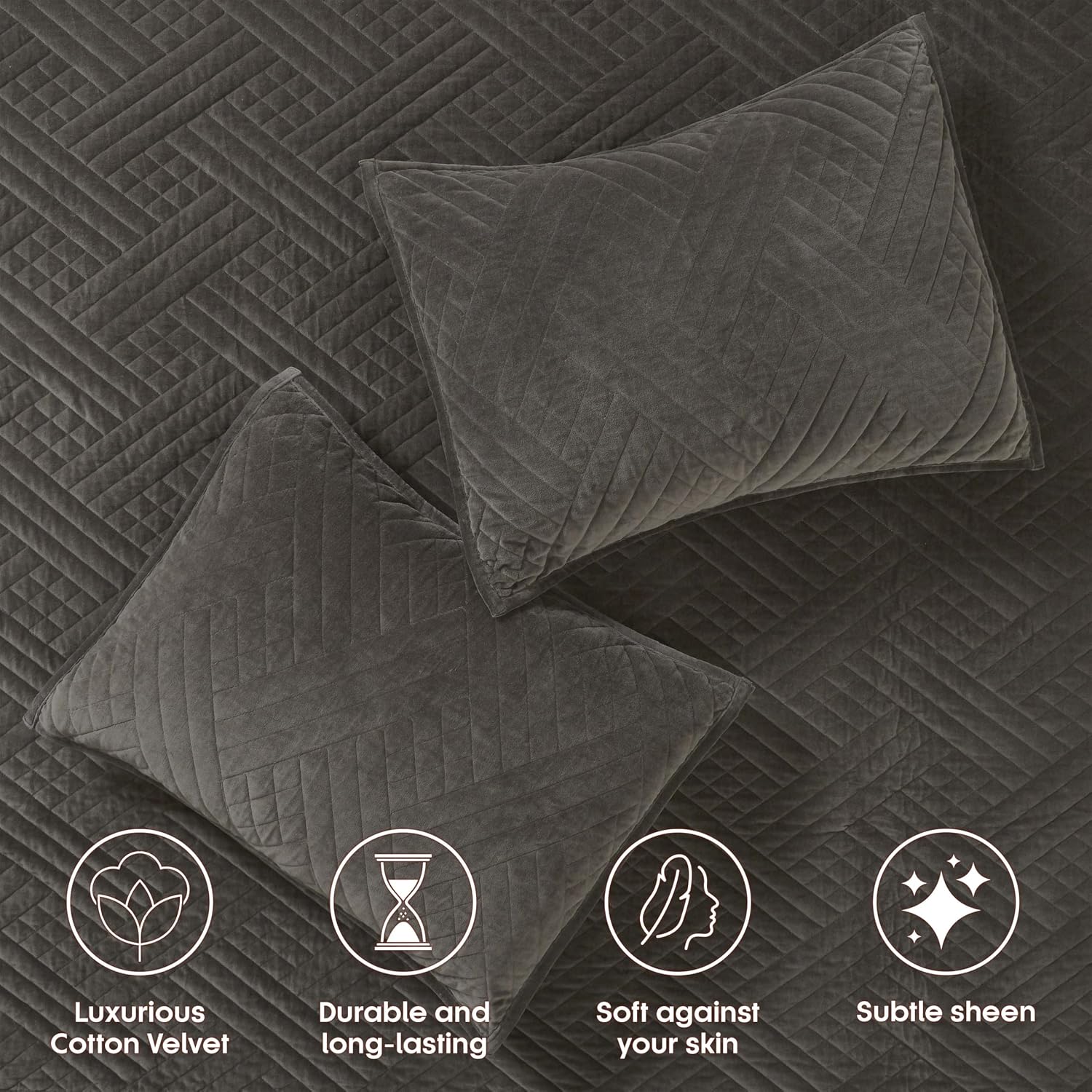 Superior 100% Cotton Velvet 3-Piece Quilt Set, 1 Lightweight Breathable Coverlet, 2 Pillow Shams, Comfy Home Essential Bedding, Cotton Fill, Geometric Aesthetic, Karina Collection, King Size, Grey