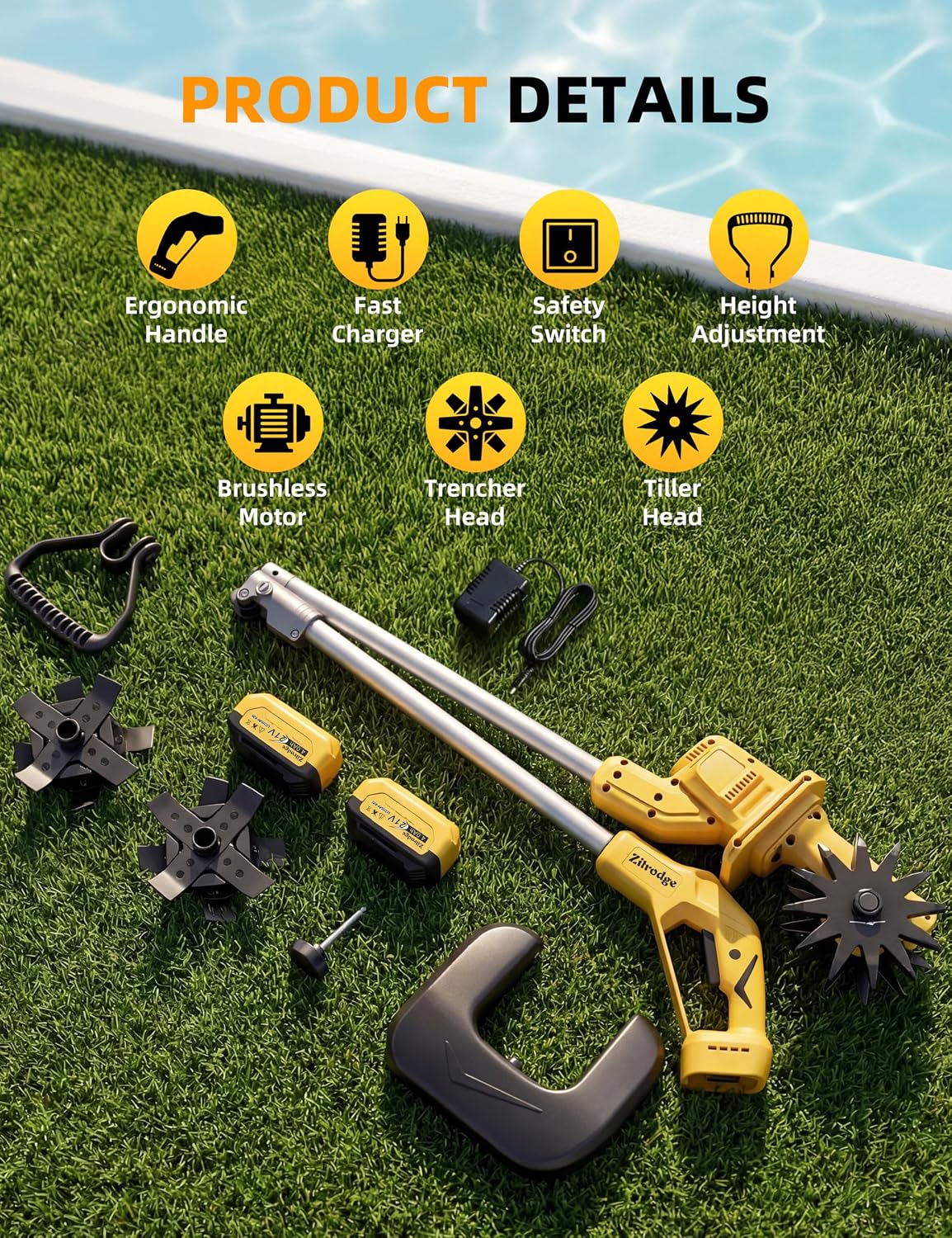 Cordless Tiller Cultivator/ Trencher 2-IN-1, Electric Mini Tiller Lawn Edger w/ 2*4.0Ah Battery, 9' Width, 6' Depth, 48 Steel Tines Rototiller for Garden, Soil, Weeding, Compatible with Dewalt Battery