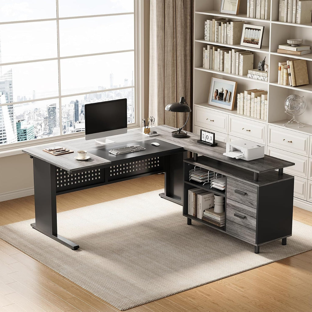 LITTLE TREE Large Computer Desk with File Cabinet, 63 Inch Executive Desk L Shaped Office Desk with Drawers and Storage Shelves, Business Furniture Desk Workstation for Home Office