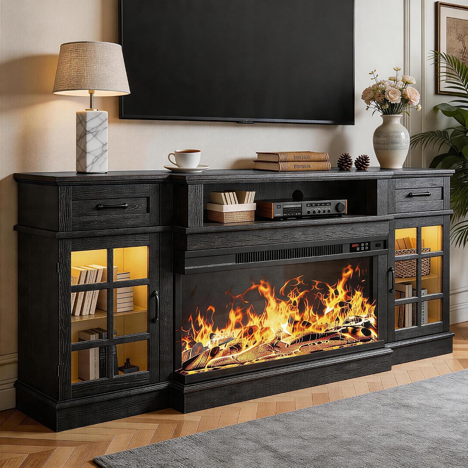 MXV 70' Fireplace TV Stand, 3-Sided Glass Fireplace and Modern Entertainment Center, Wooden Media Console with Glass Doors & Storage Drawers, LED Light, for Living Room, Black