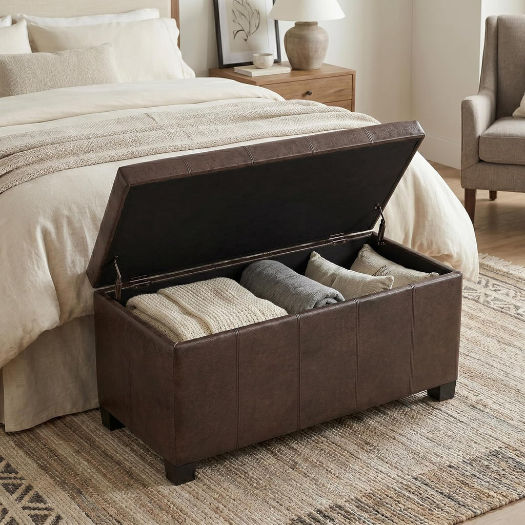 SIMPLIHOME Dover Storage Ottoman Bench - 36 inch Wide Upholstered Vegan Leather Rectangular Lift-Top Ottoman in Distressed Brown, Contemporary Bench for Living Room with Safety Hinges